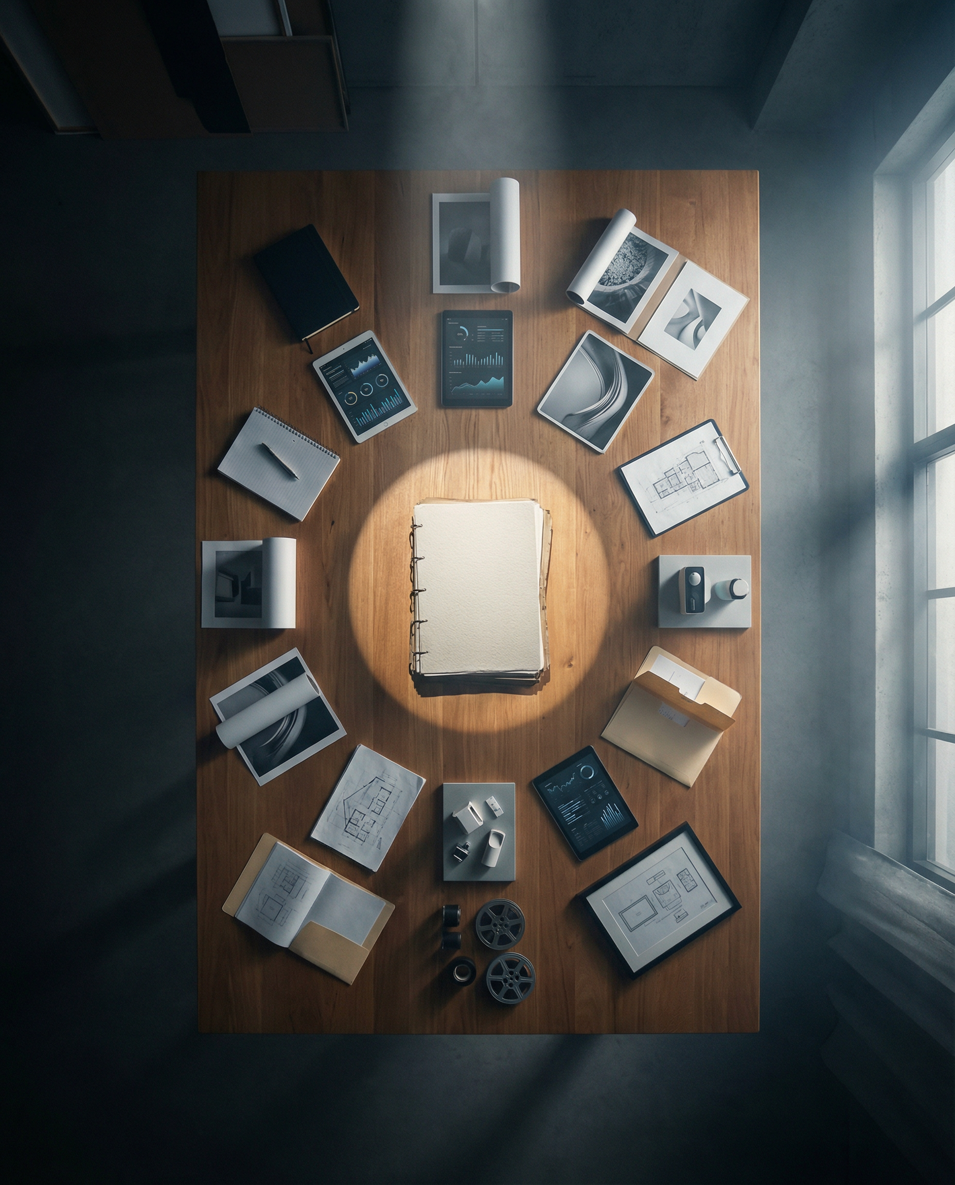 Photorealistic editorial photograph: wide establishing shot of modern work table with single dense research document in center under spotlight, surrounded by fifteen different derivative content piece