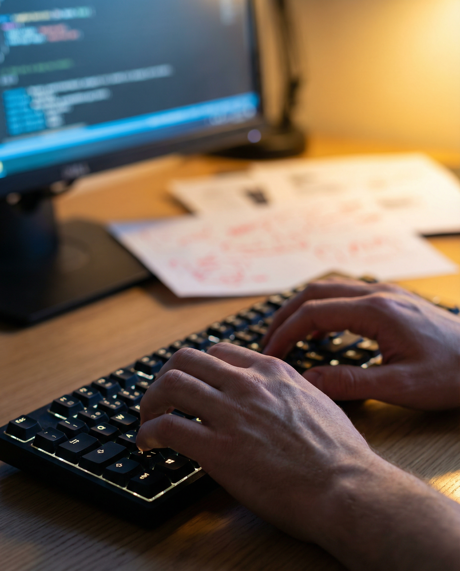 Photorealistic close-up photograph: human hands typing on backlit keyboard in foreground sharp focus, while middle distance shows AI-generated draft text on monitor screen (blurred/bokeh so no words l