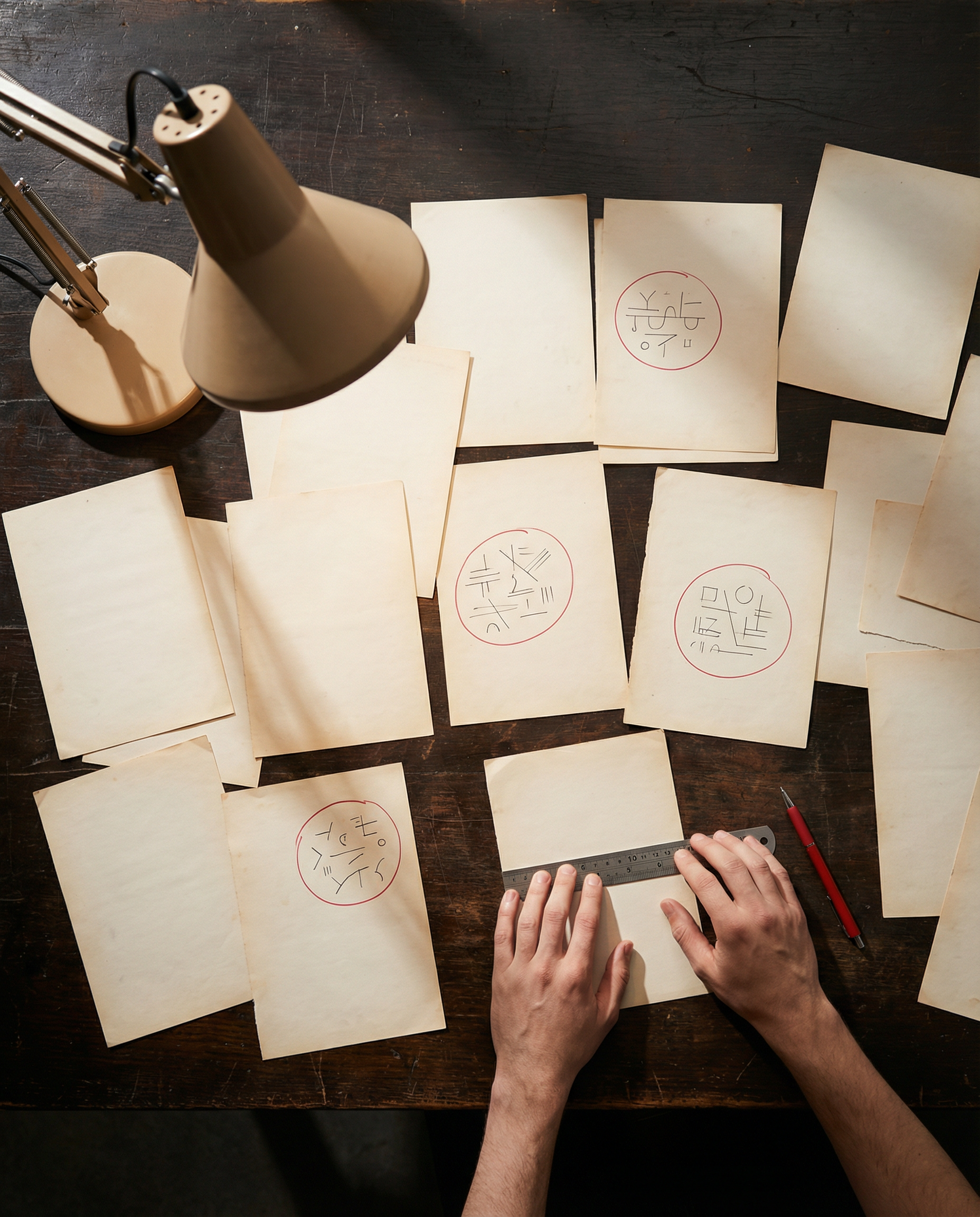 Photorealistic editorial photograph: overhead flat lay of twenty printed content articles spread across dark wooden desk, red pen circles marking patterns on top performers, hands using ruler to measu