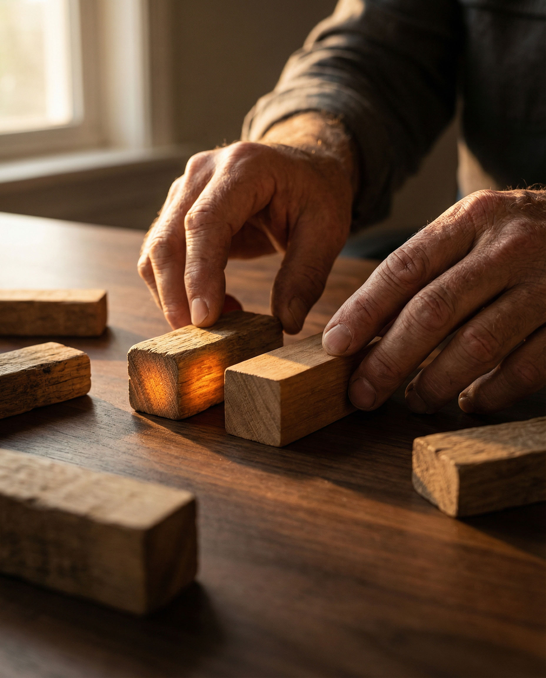 Photorealistic editorial close-up: weathered hands of SEO professional arranging physical wooden blocks on dark walnut desk, each block represents different content element, one block glowing subtly t