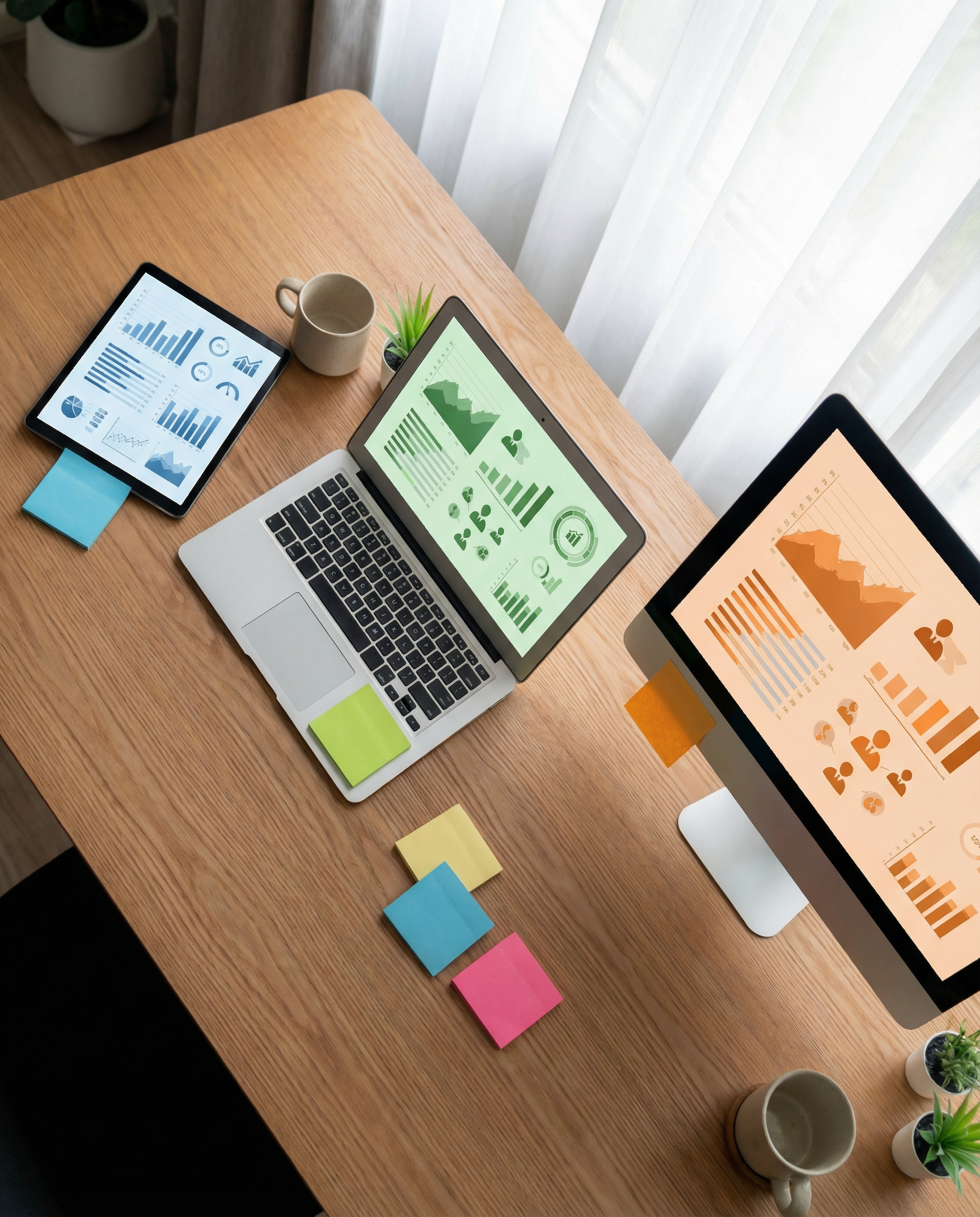 Photorealistic editorial wide shot: modern minimalist office desk with three different AI writing tools open on separate devices tablet laptop and desktop monitor, each screen showing distinctly diffe