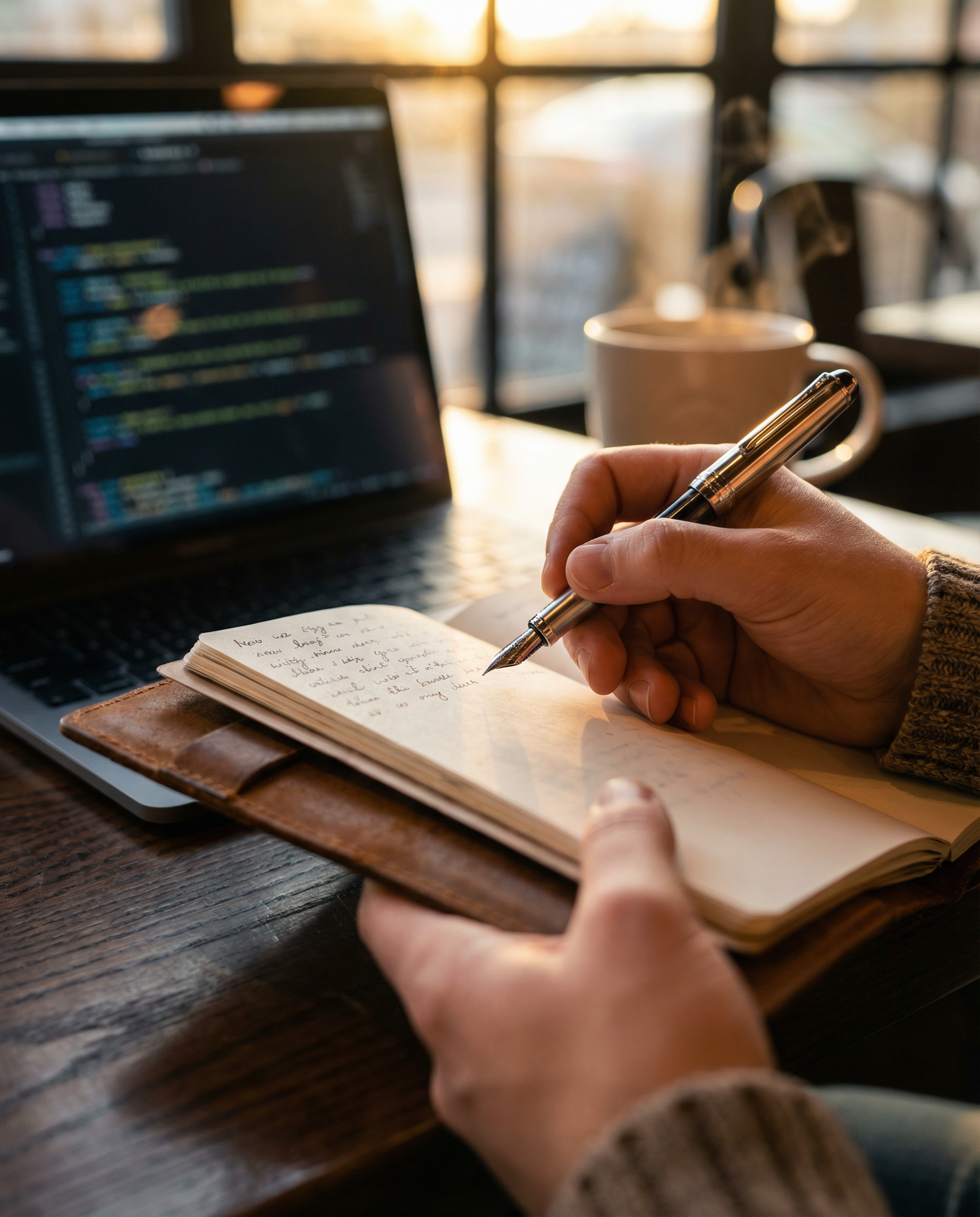 Photorealistic editorial photograph: close-up of content creator's hands physically writing in leather journal with fountain pen, laptop pushed slightly back out of focus showing AI draft on screen, s