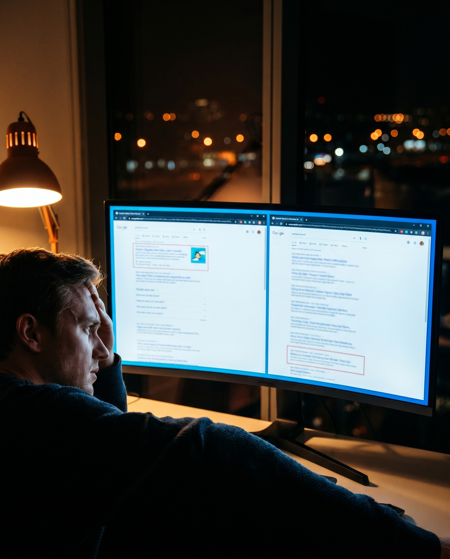 Photorealistic editorial photograph: tense over-the-shoulder view of content strategist comparing two browser windows side-by-side on ultrawide monitor, left window shows competitor article ranking fi