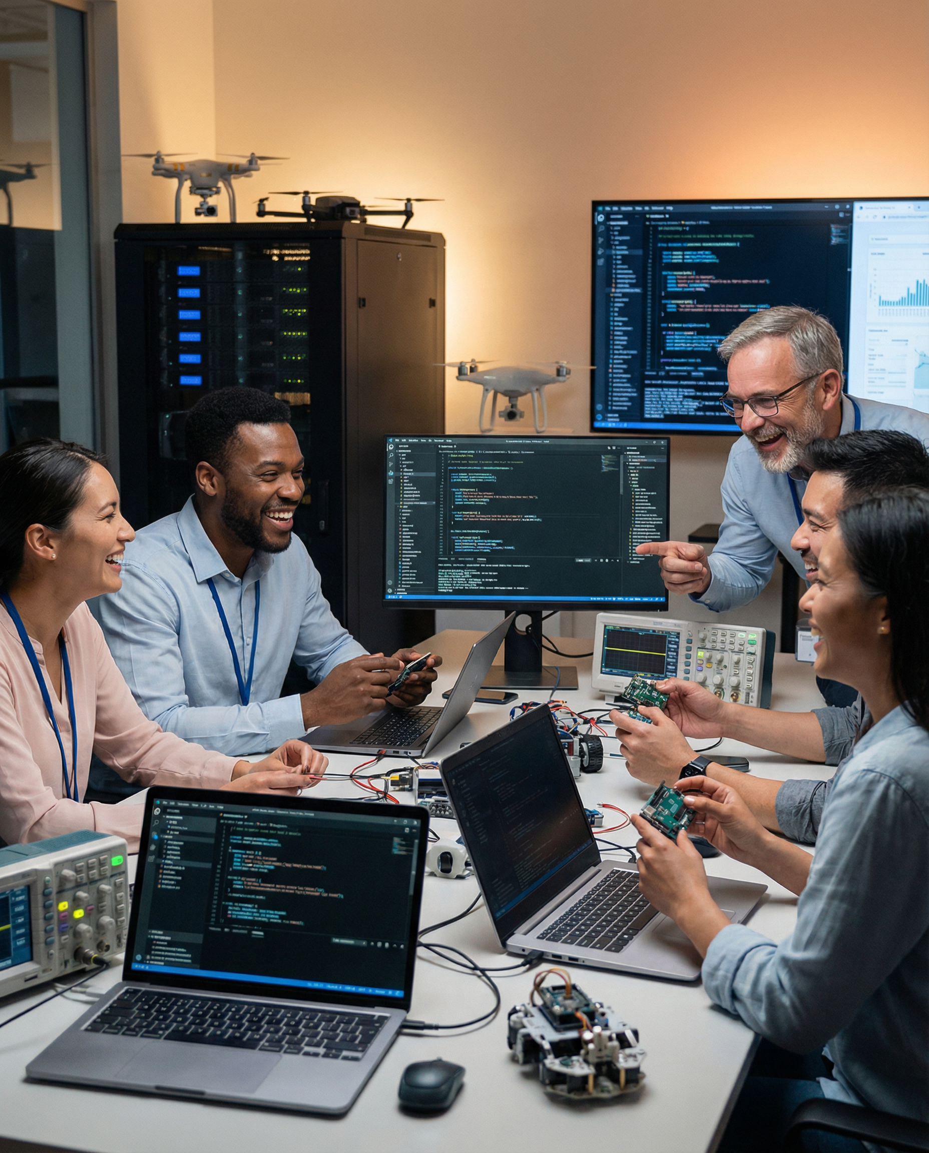Diverse team of engineers actively coding and testing AI algorithms on laptops, surrounded by advanced tech equipment, illustrating hands-on development.