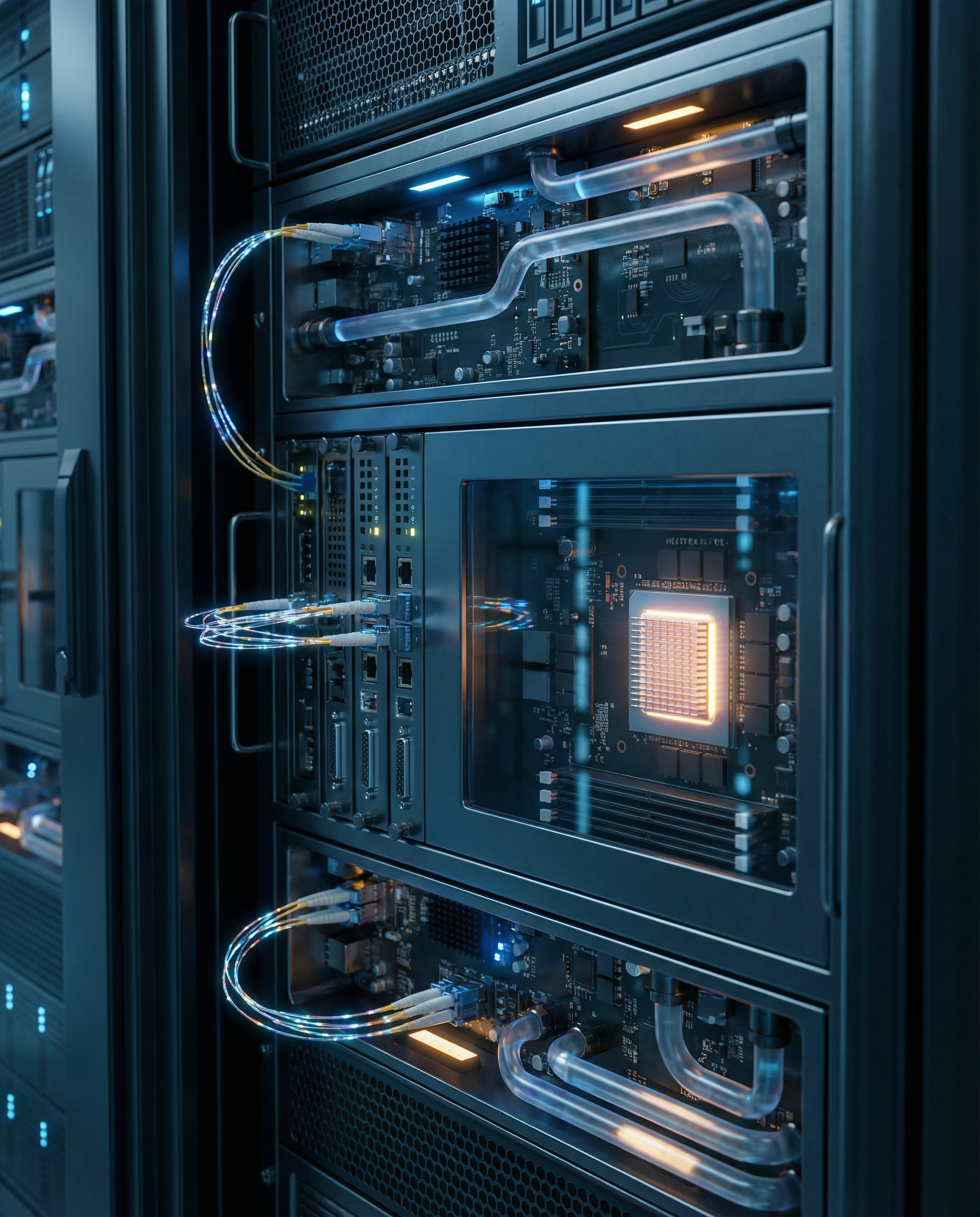 Close-up of a high-tech server with glowing components, showcasing advanced security features and AI processing capabilities in a zero-trust architecture.