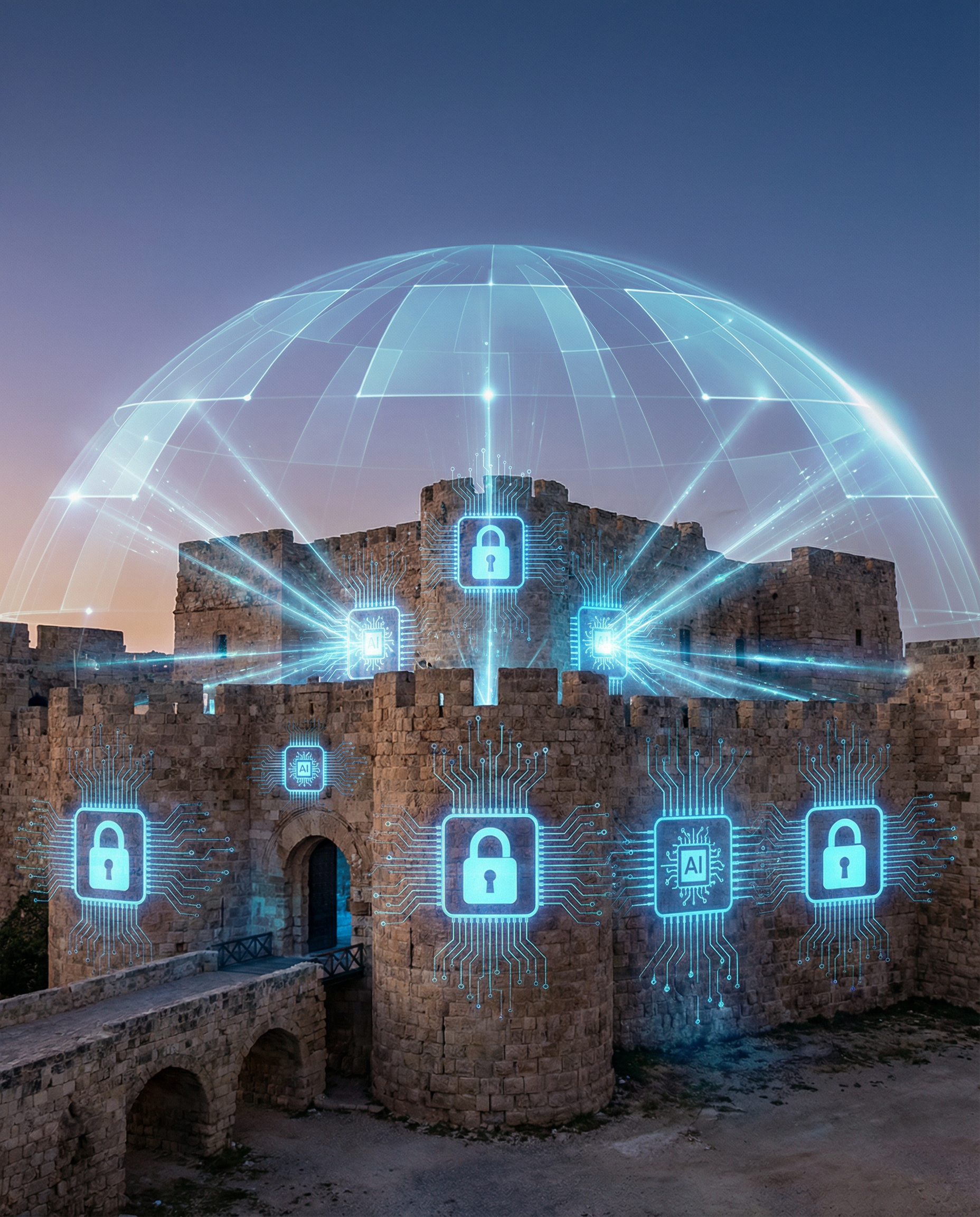 Visual metaphor of a fortress with digital locks and AI symbols, representing the protective nature of zero-trust architectures in AI systems.
