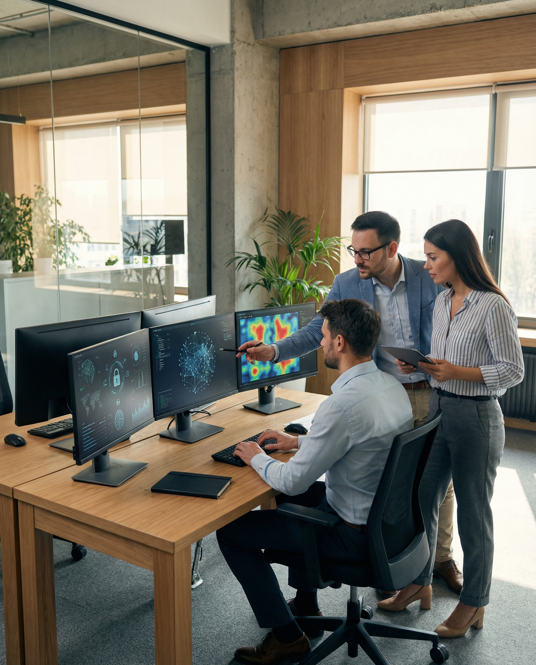 Scene of cybersecurity professionals collaborating in a sleek tech office, analyzing data on screens related to AI safety and zero-trust environments.