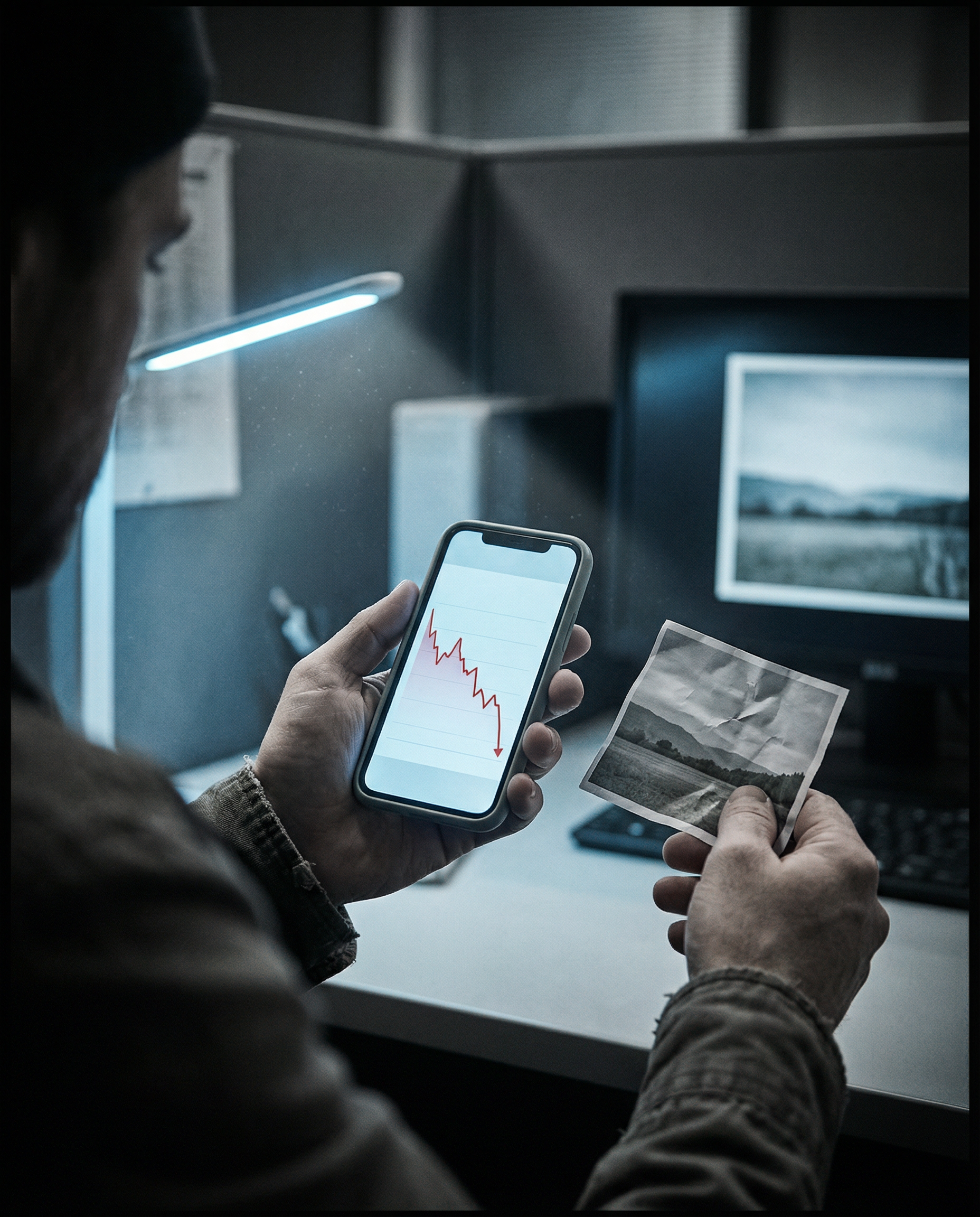 Photorealistic editorial photograph: tense over-the-shoulder view of content marketer's hands hovering over smartphone displaying blog analytics dashboard with declining engagement graph, other hand h