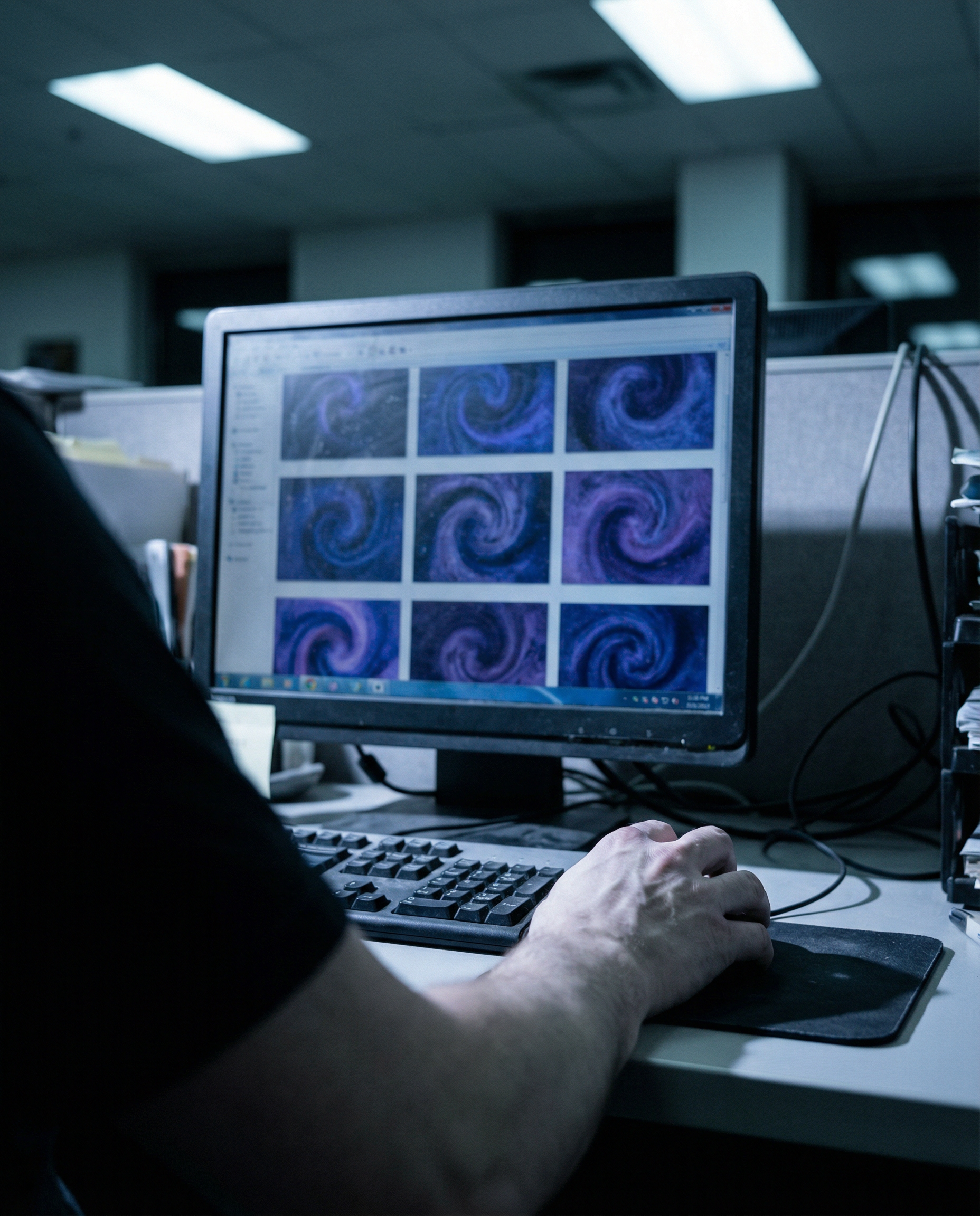 Photorealistic editorial photograph: close-up of computer monitor displaying grid of AI-generated blog thumbnails, all nearly identical generic abstract patterns in blues and purples, shot from over-t