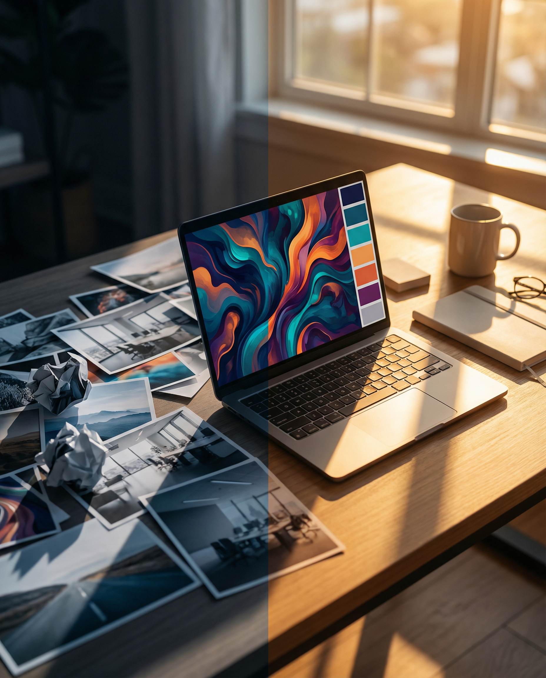 Photorealistic editorial photograph: split desk workspace showing dramatic contrast, left side cluttered with printed generic stock photos scattered messily, right side displaying laptop with custom A
