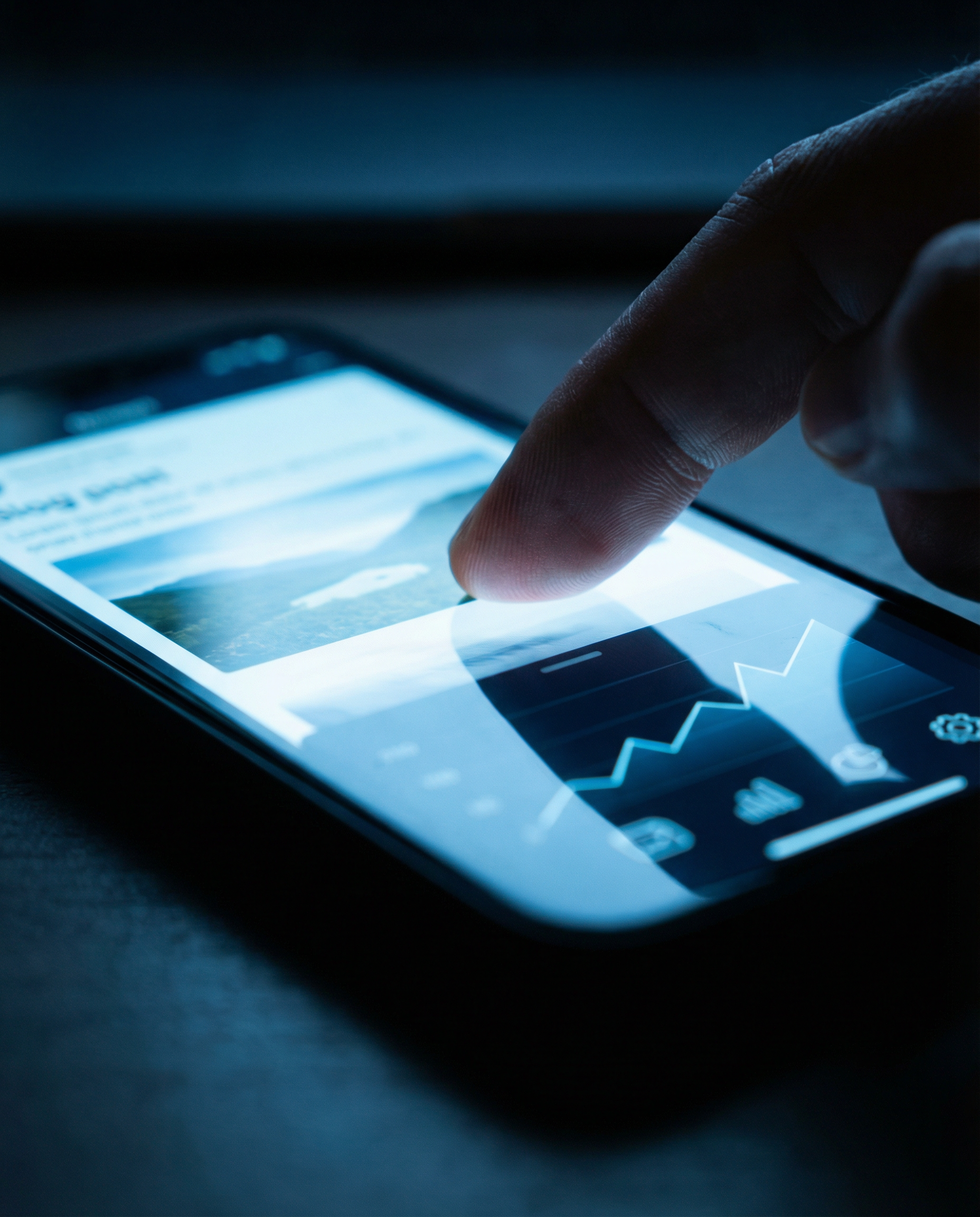 Photorealistic editorial photograph: extreme close-up macro shot of smartphone screen displaying blog post with featured image, finger mid-scroll motion blur suggesting quick dismissal, reflected in s