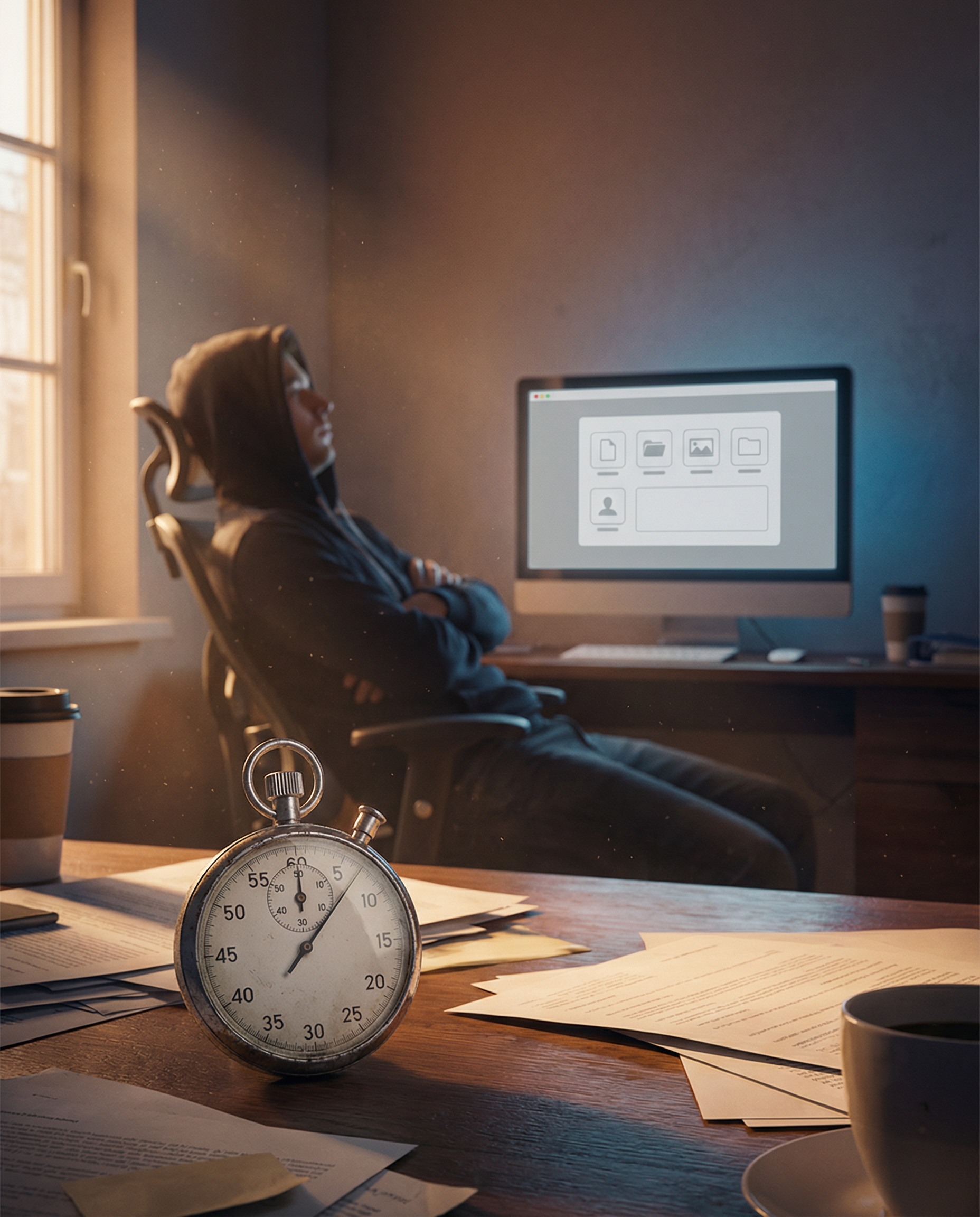 Photorealistic editorial photograph: desktop workspace aftermath scene, vintage mechanical stopwatch in sharp focus foreground showing elapsed time, background shows designer slumped back in chair wit