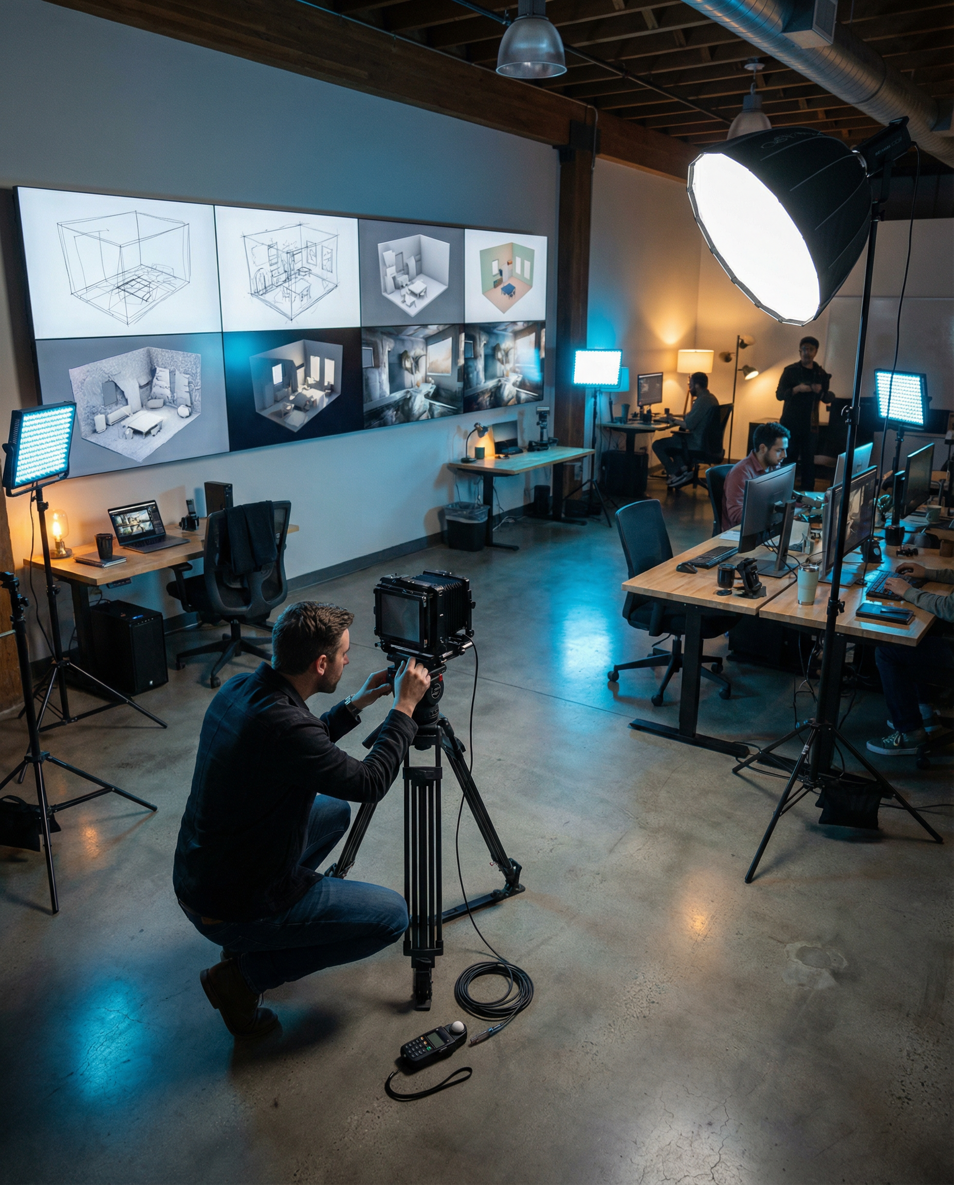 Photorealistic editorial photograph: wide establishing shot of modern content studio, wall-mounted displays showing sequential blog post creation workflow with ten different AI-generated images in var