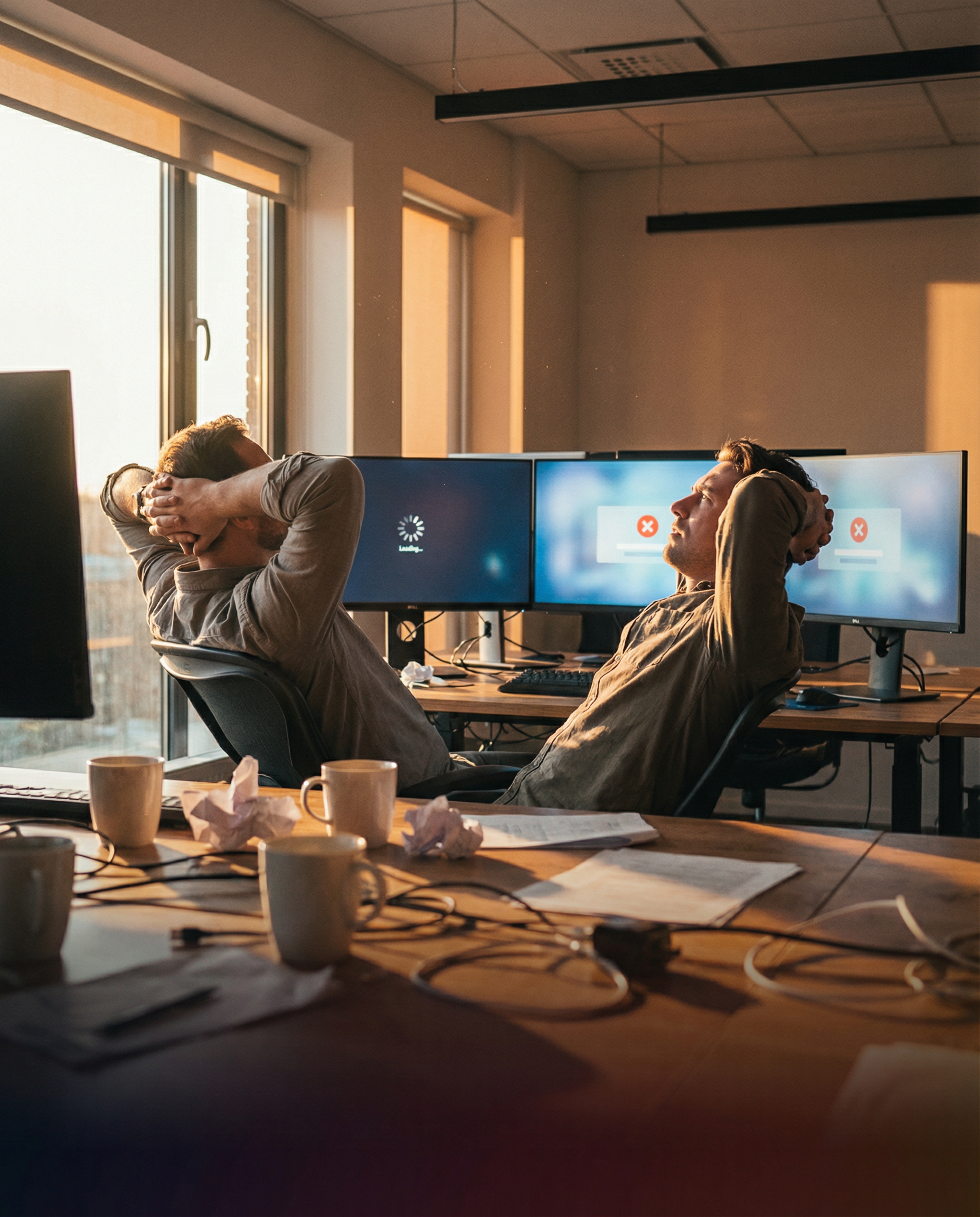 Photorealistic editorial photograph: wide establishing shot of modern workspace showing content marketer leaning back in chair with hands behind head in contemplative frustration, three monitors displ