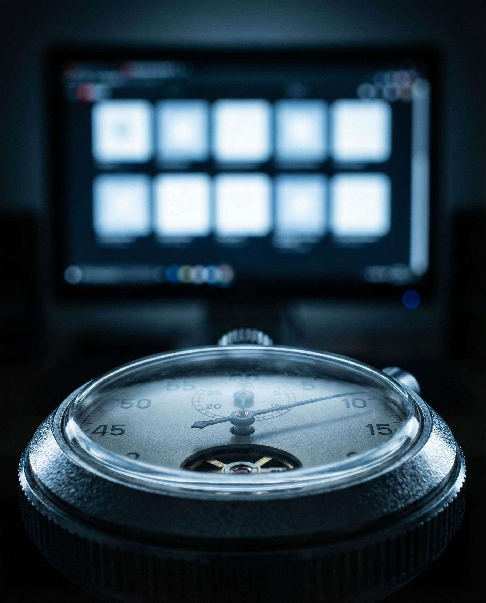 Photorealistic editorial photograph: extreme macro close-up of stopwatch face showing 14 minutes elapsed, background blurred showing computer screen with ten distinct AI-generated blog images arranged