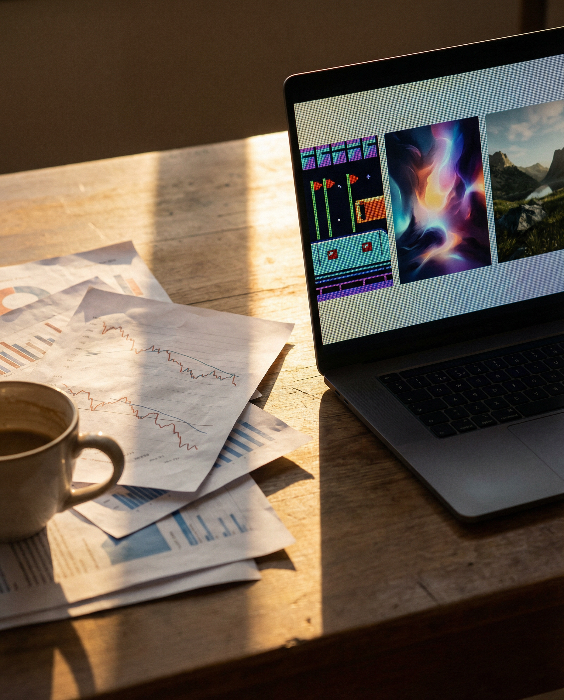 Photorealistic editorial photograph: split desk workspace showing dramatic contrast, left side has chaotic pile of printed blog analytics reports with declining engagement graphs visible, right side d