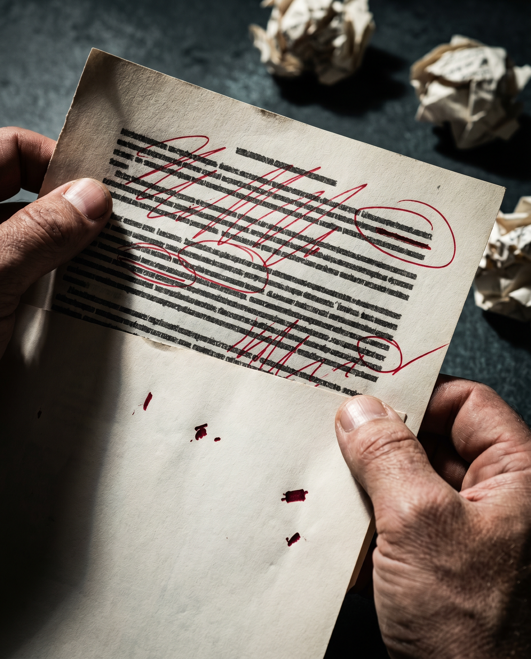 Photorealistic editorial photograph: extreme macro close-up of printed content page with red editing pen marks slashing through generic robotic paragraphs, dramatic overhead lighting creates harsh sha