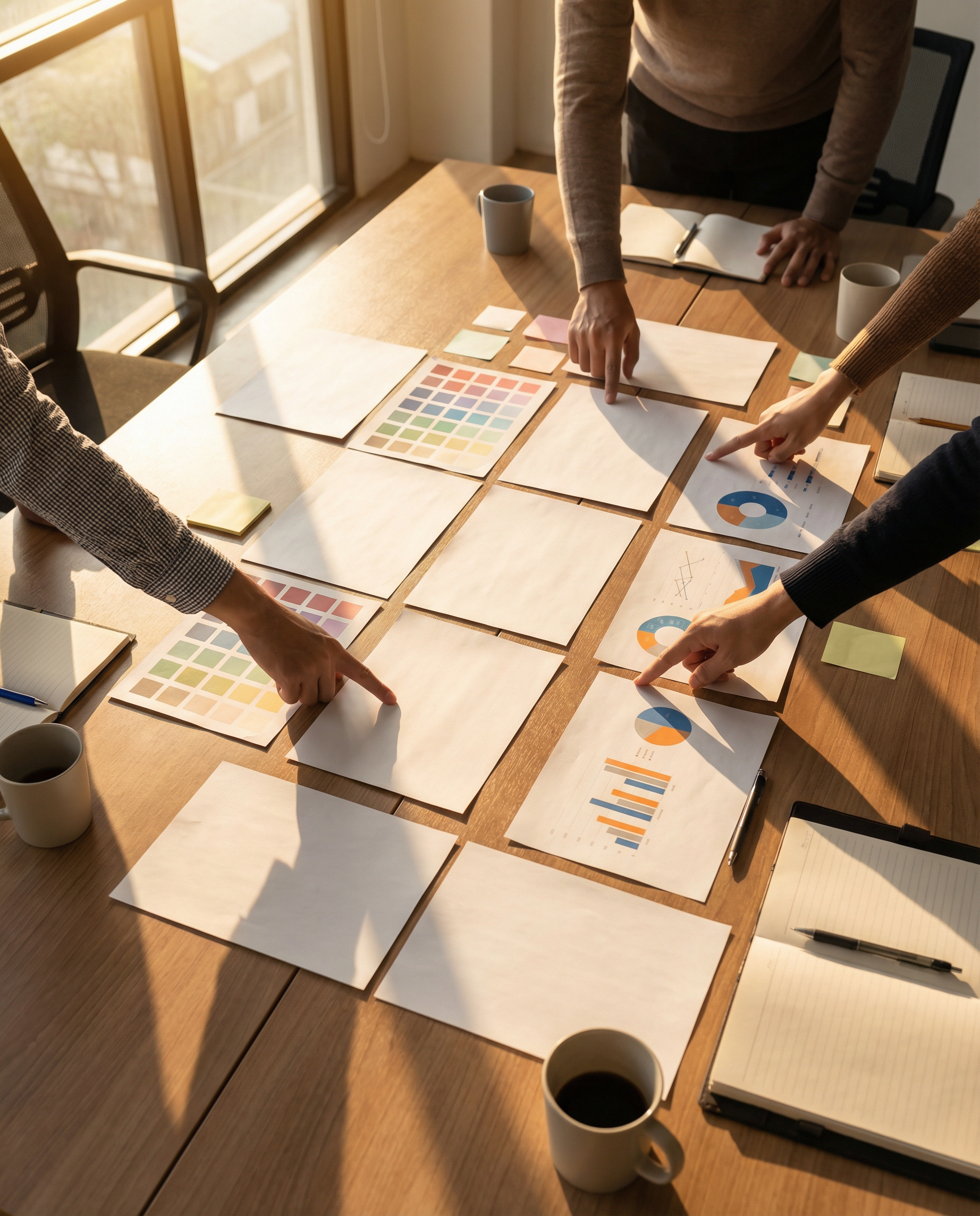 Photorealistic editorial photograph: wide shot of brand style guide documents, voice sample printouts, and data sheets spread across conference table, hands from multiple team members pointing at spec