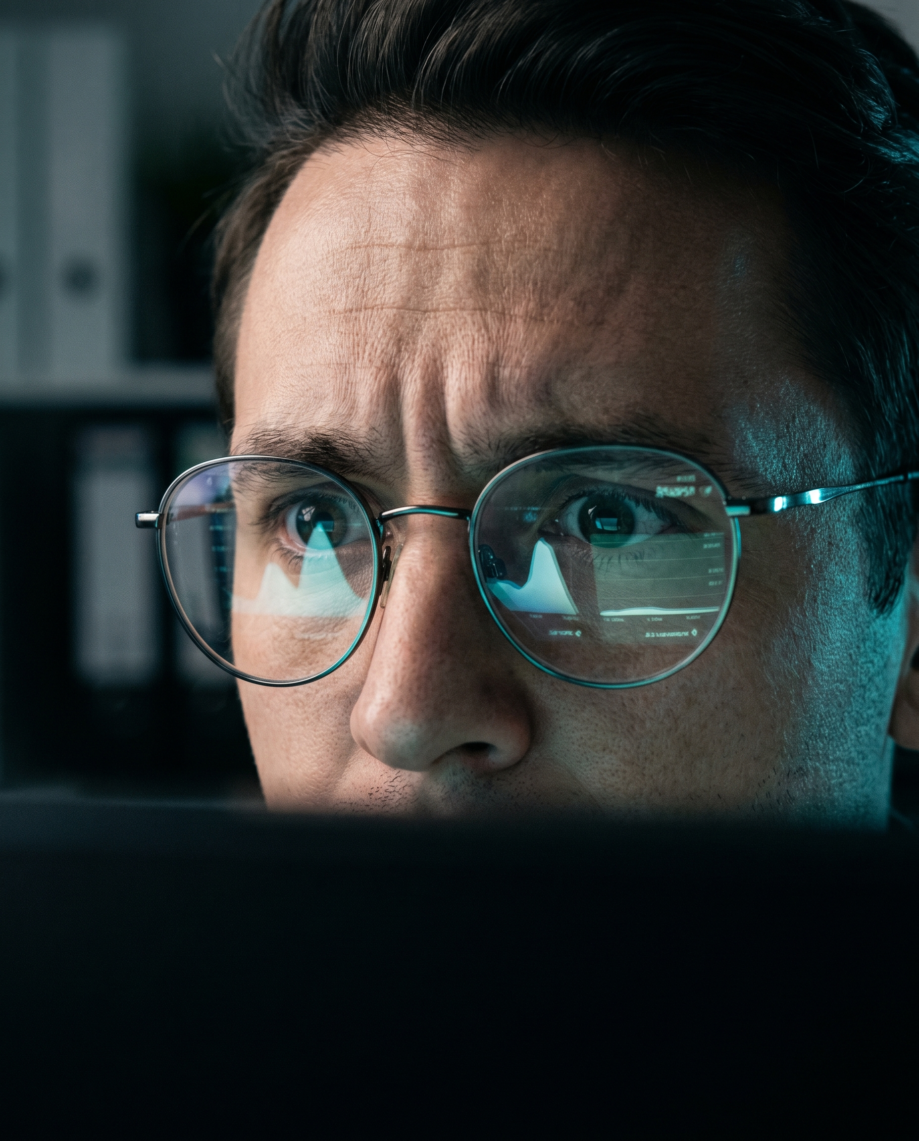 Photorealistic editorial photograph: close-up of analytics screen reflecting in creative director's glasses showing high traffic numbers but zero conversion data, dramatic rim lighting from monitor cr
