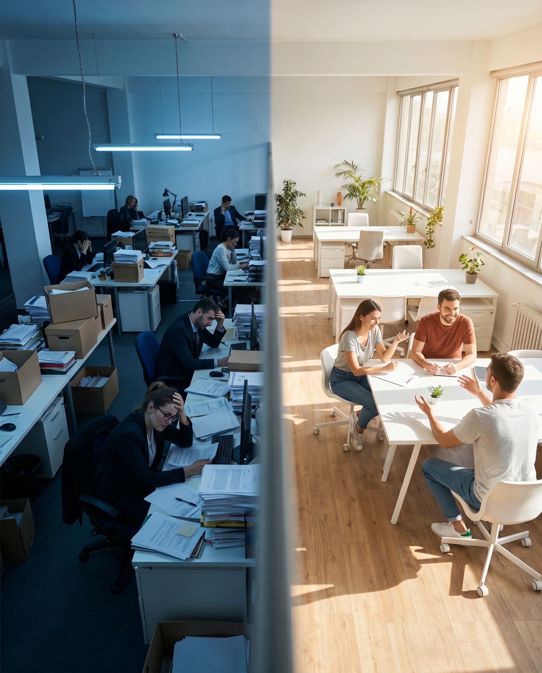 Photorealistic editorial photograph: split-screen workspace scene showing two content teams side-by-side, left side buried under paper stacks with stressed expressions in cool blue fluorescent lightin