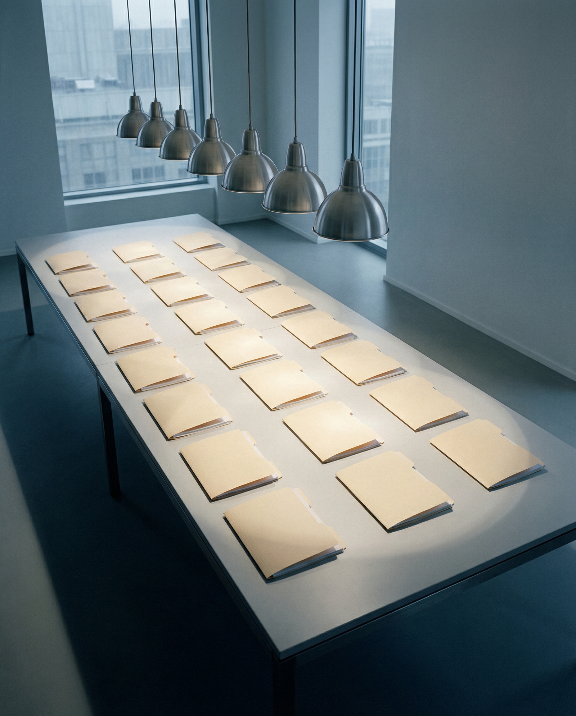 Photorealistic editorial photograph: wide establishing shot of minimalist conference room table with twenty identical manila folders arranged in precise grid formation, each folder slightly open revea