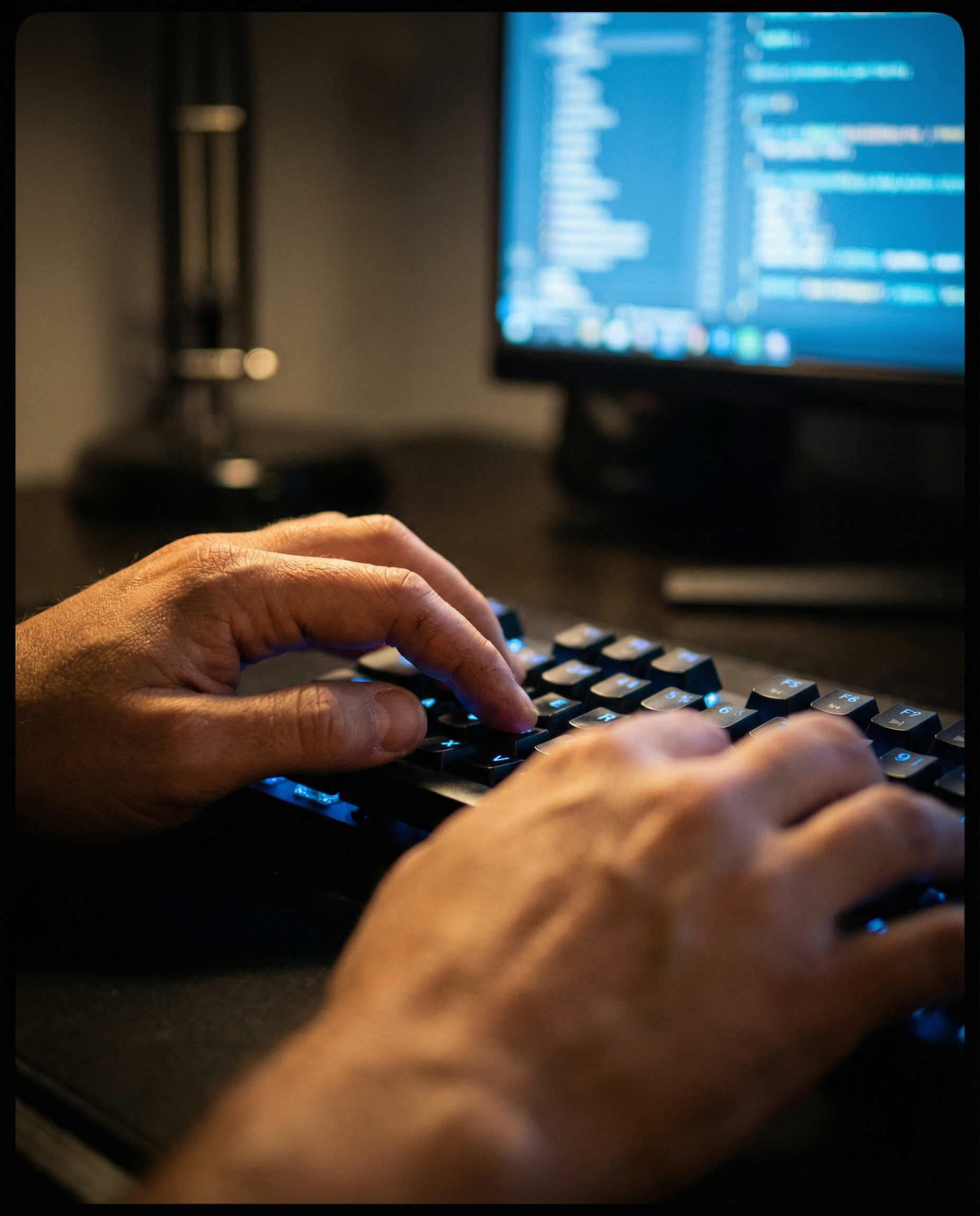 Photorealistic editorial photograph: extreme close-up macro shot of hands typing on backlit keyboard in dim room, screen glow reflecting off fingers showing prompt template document with structured fo