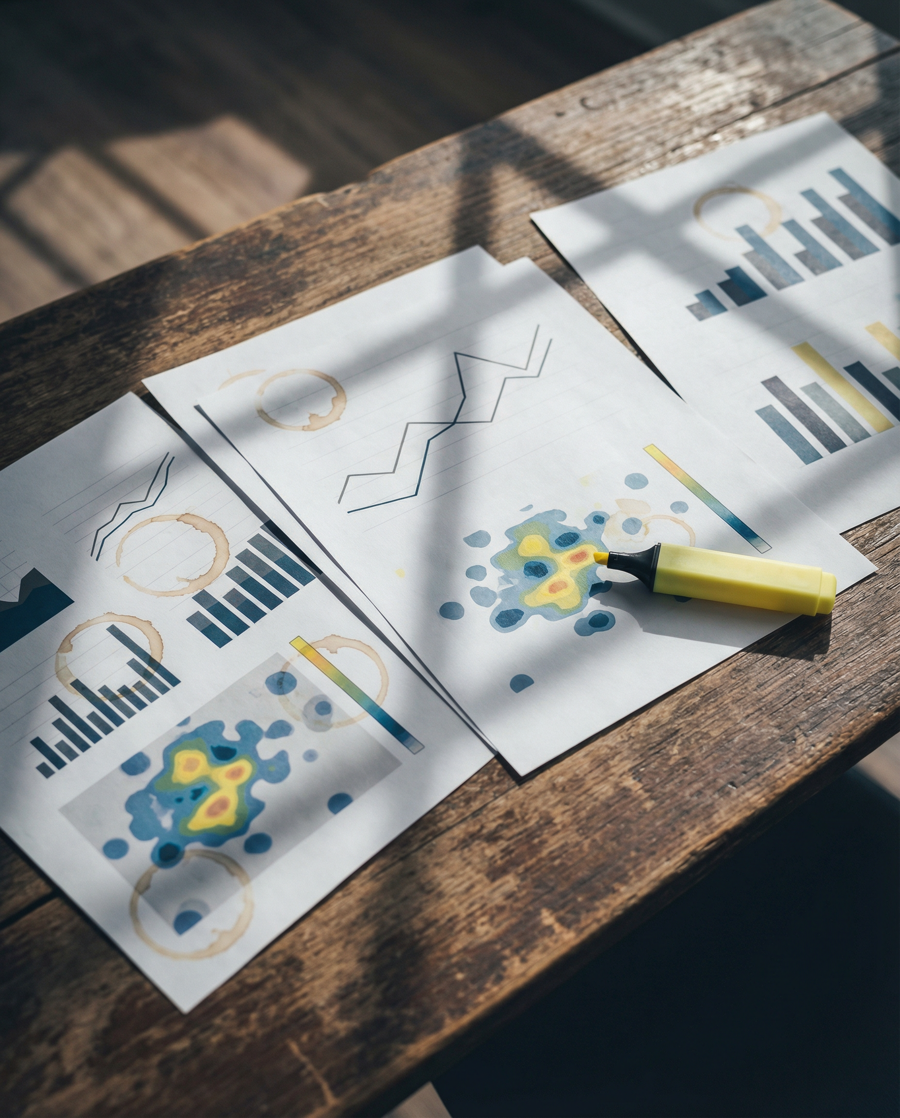Photorealistic editorial photograph: overhead aerial shot of a large wooden desk surface covered with printed analytics reports showing traffic graphs and heat maps, a yellow highlighter marking speci