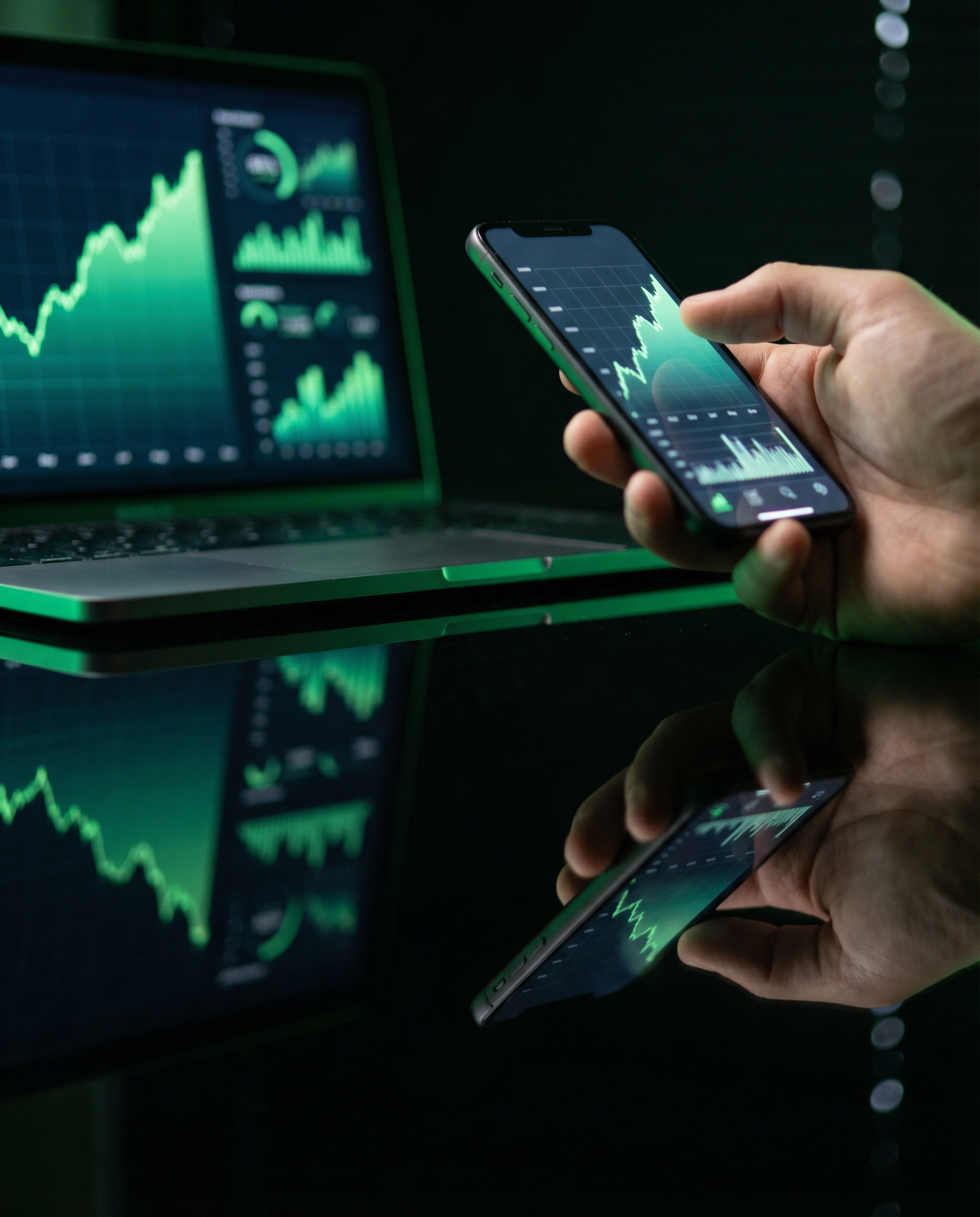 Photorealistic editorial photograph: close-up detail of laptop screen edge showing analytics dashboard with upward trending graph lines, human hand holding smartphone displaying similar metrics beside