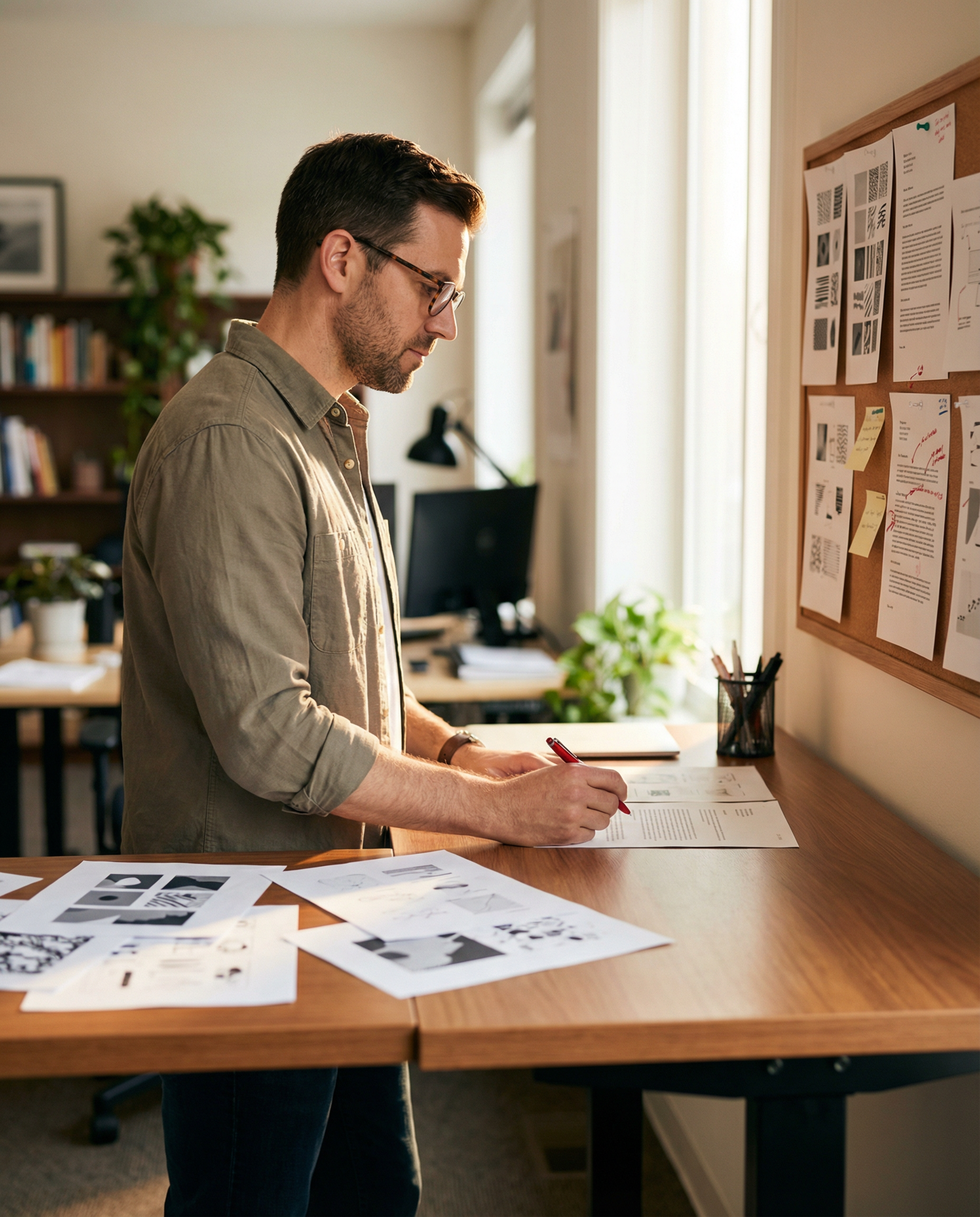 Photorealistic editorial photograph: split environmental portrait showing editor at standing desk reviewing printed article draft with red pen in hand, AI-generated pages scattered left side, human-re