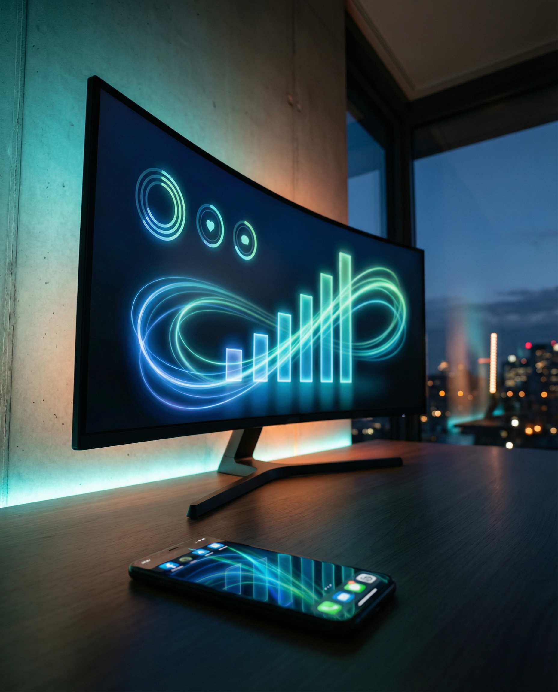 Photorealistic editorial photograph: analytics dashboard on large monitor displaying rising sales graphs and engagement metrics in blue and green gradients, smartphone in foreground showing matching s
