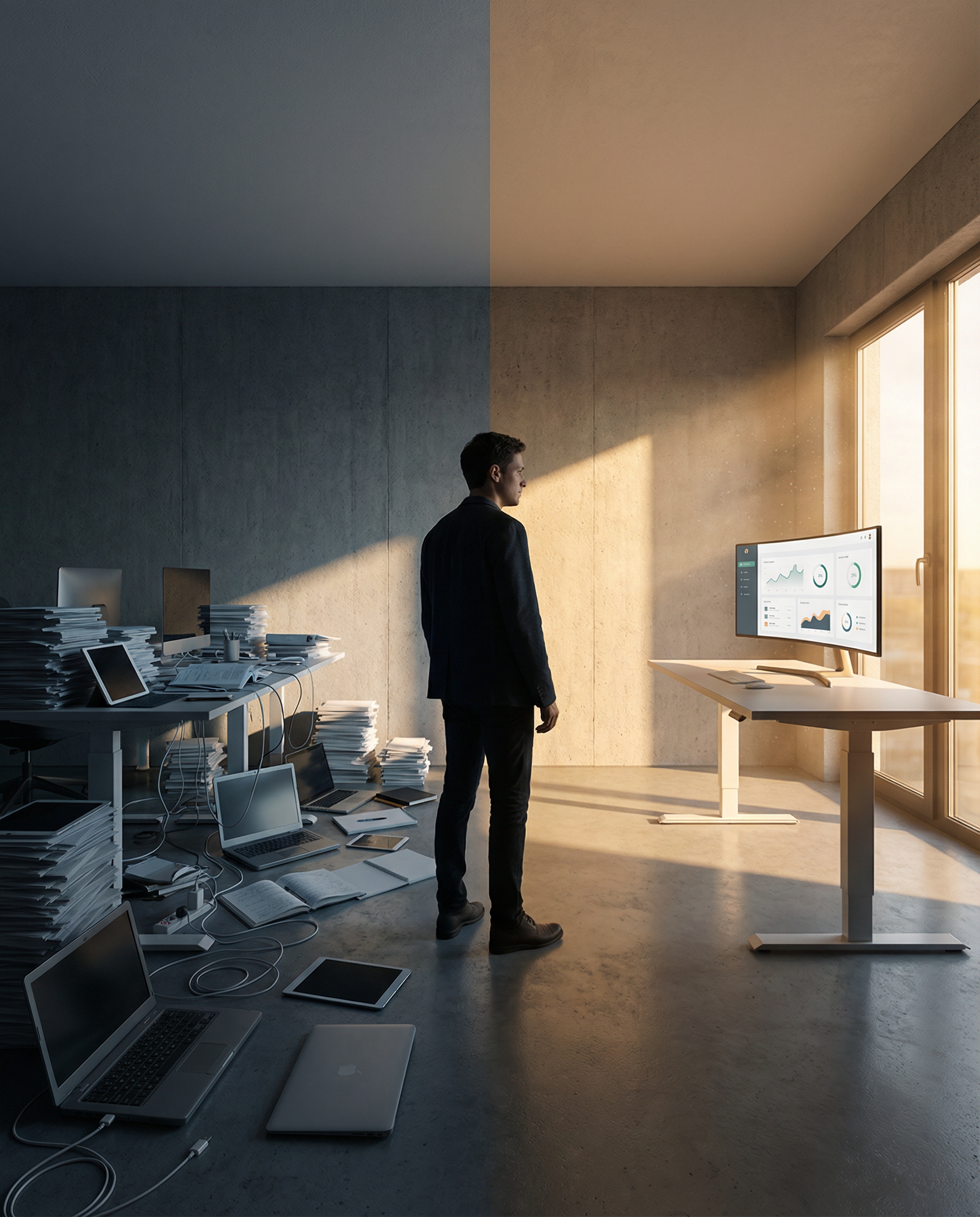 Photorealistic editorial photograph: wide establishing shot of modern workspace transformation, left side shows chaotic paper mountains and multiple scattered devices, right side displays single strea