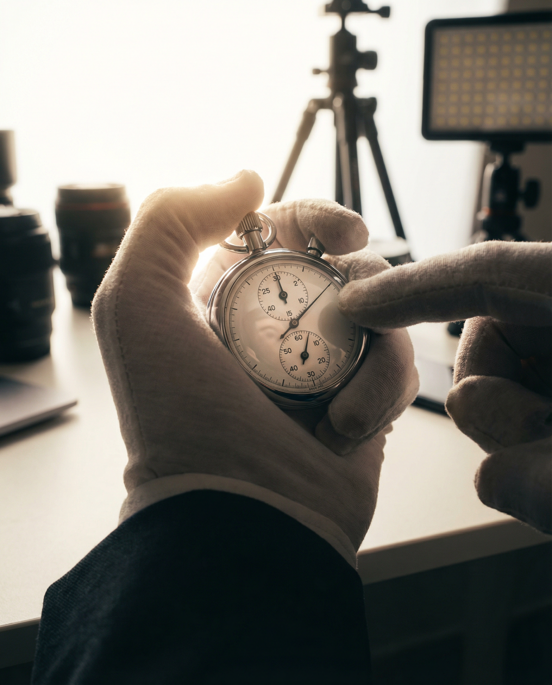 Photorealistic editorial photograph: tight close-up of stopwatch being clicked, showing timestamp comparing two hours versus twenty minutes, hands in business attire operating the timer, dramatic rim