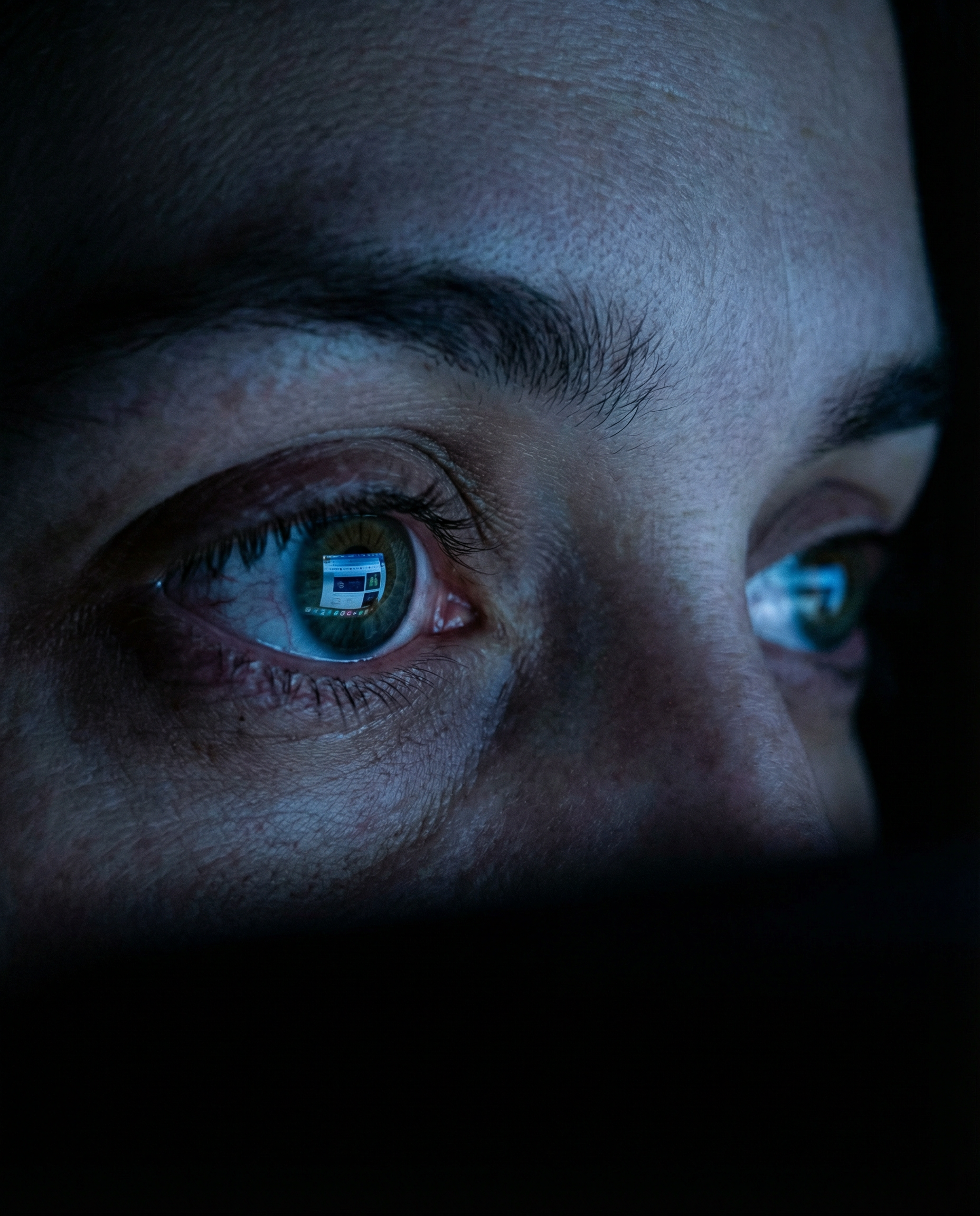 Photorealistic editorial photograph: extreme close-up of laptop screen reflecting in exhausted SMM specialist's eyes at 2am, multiple browser tabs and design tools visible in reflection, face illumina