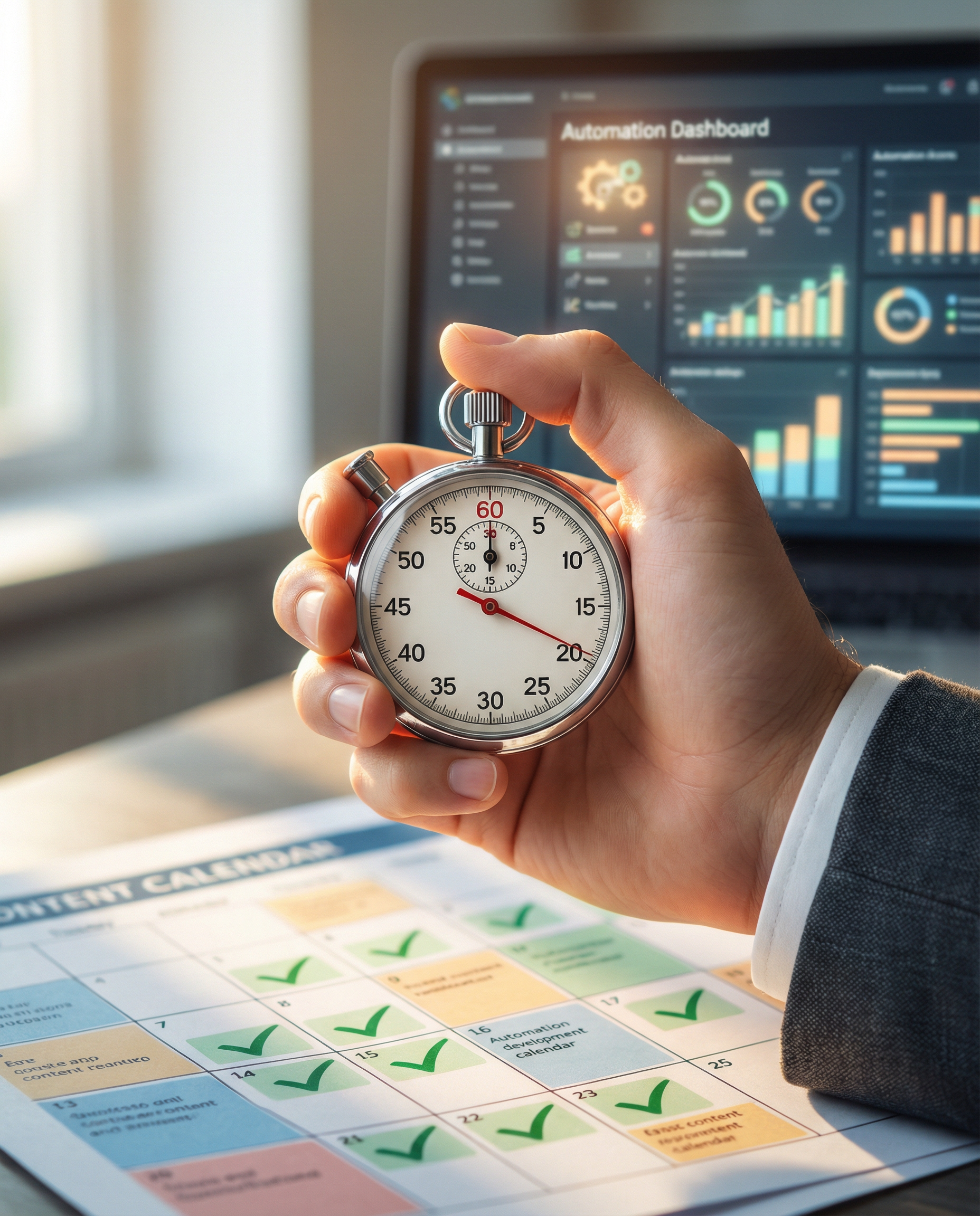 Photorealistic editorial photograph: close-up of stopwatch displaying twenty minutes held over content calendar grid with completed posts marked in green, hand wearing business attire touching calenda