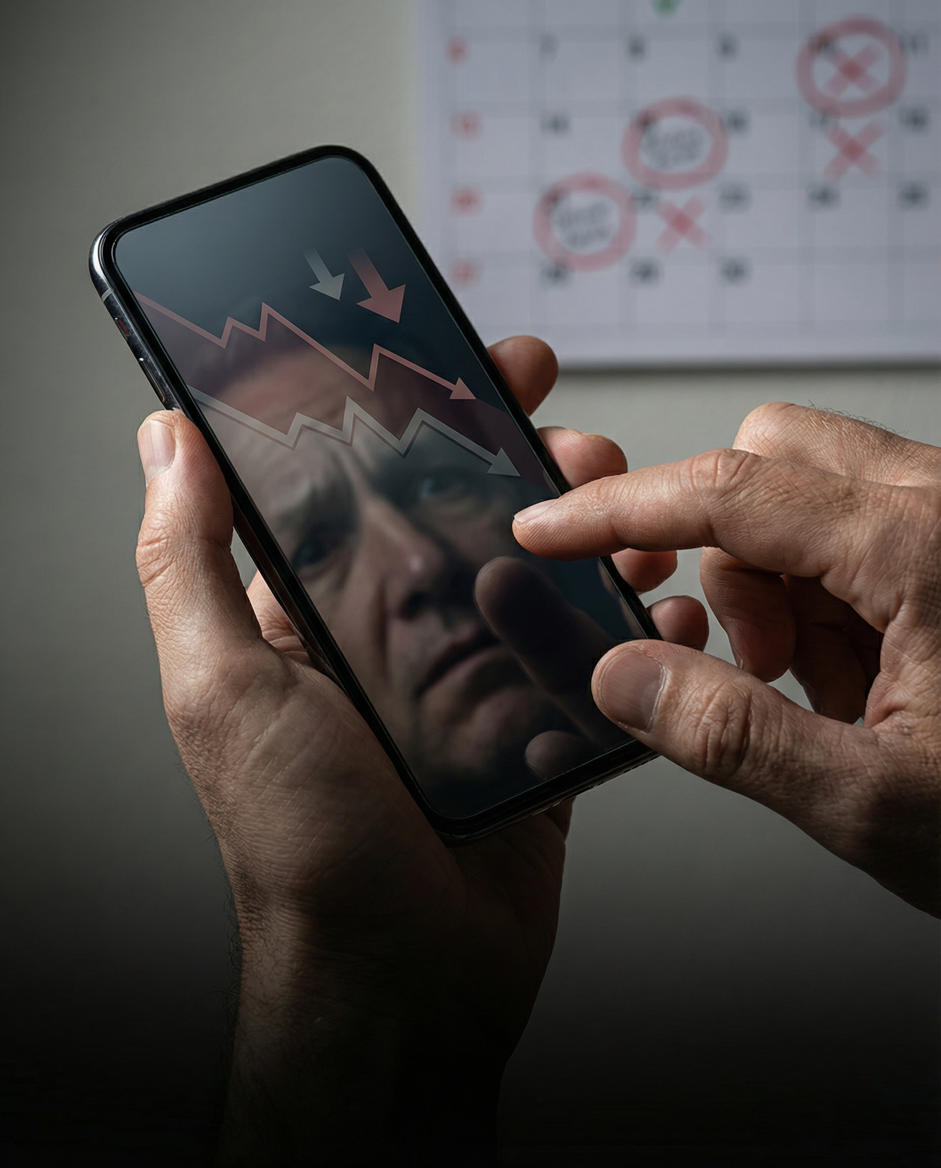 Photorealistic editorial close-up: hands holding smartphone displaying social media dashboard with declining engagement graphs, fingertip hovering anxiously over screen, dramatic side lighting casting