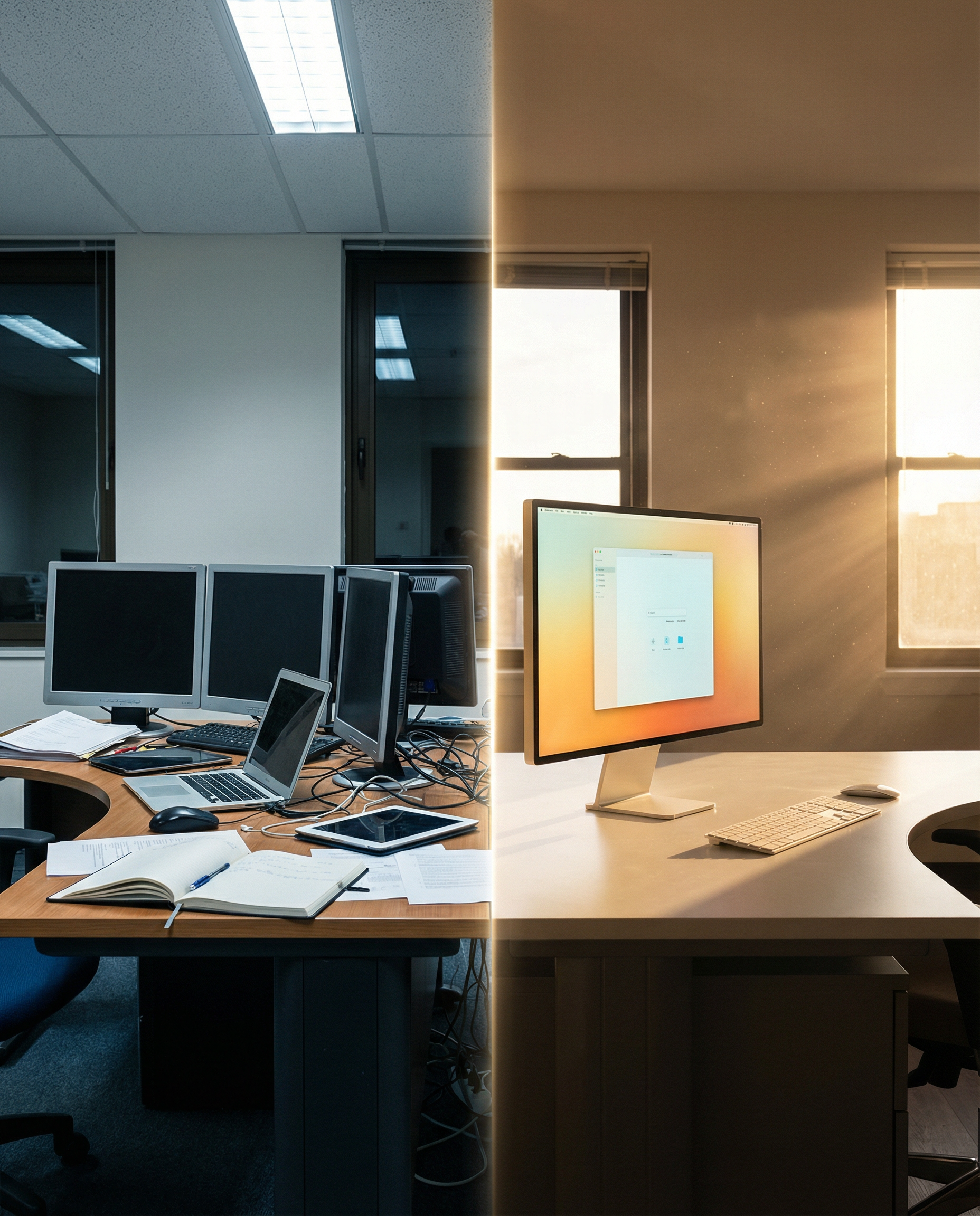 Photorealistic editorial photograph: split-screen workspace showing before-after contrast, left side cluttered with five different devices and scattered notes in harsh fluorescent light, right side si