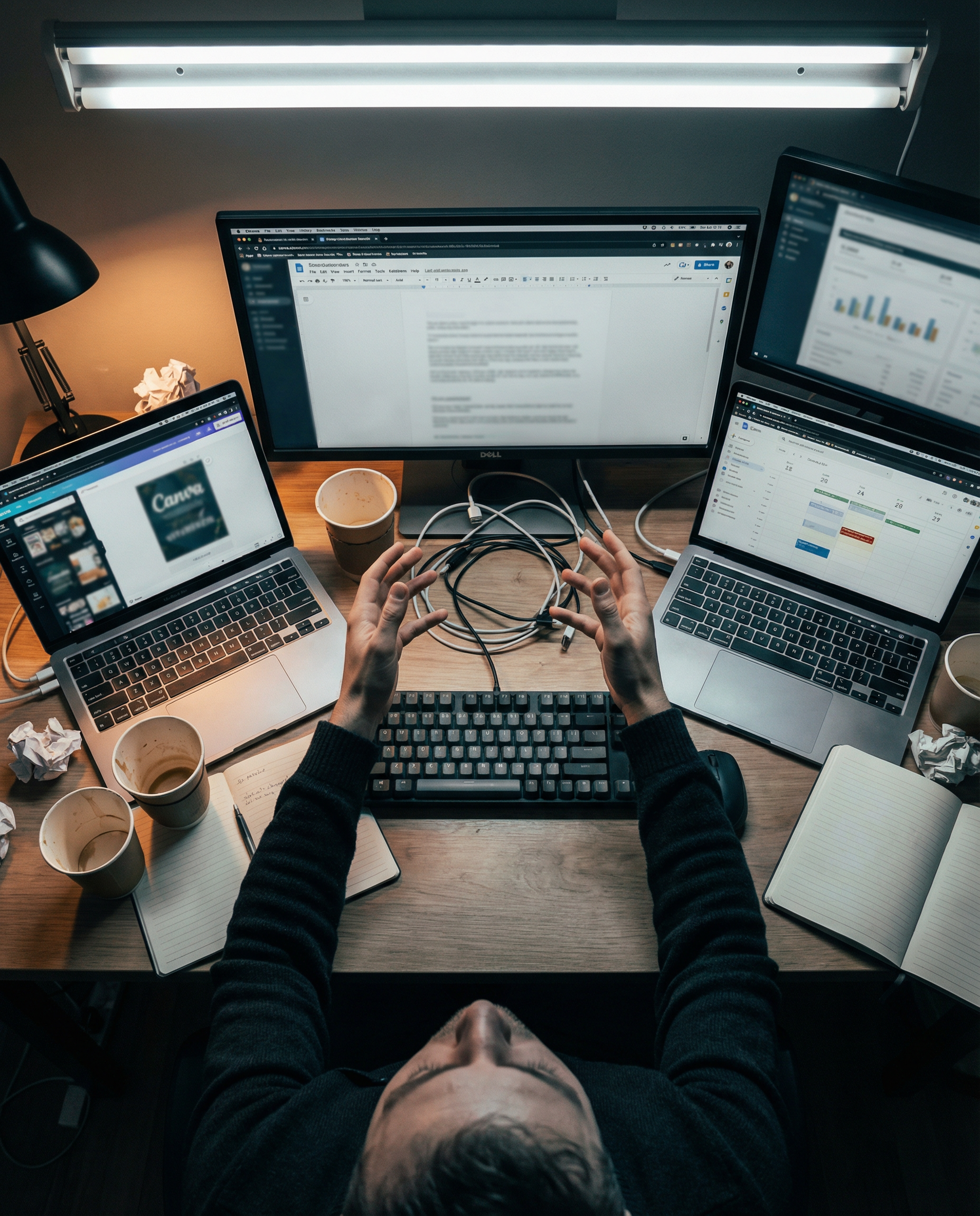 Photorealistic editorial photograph: overhead shot of SMM specialist's cluttered desk, multiple laptop screens showing Canva, Google Docs, Buffer, and Analytics simultaneously, hands frozen mid-gestur