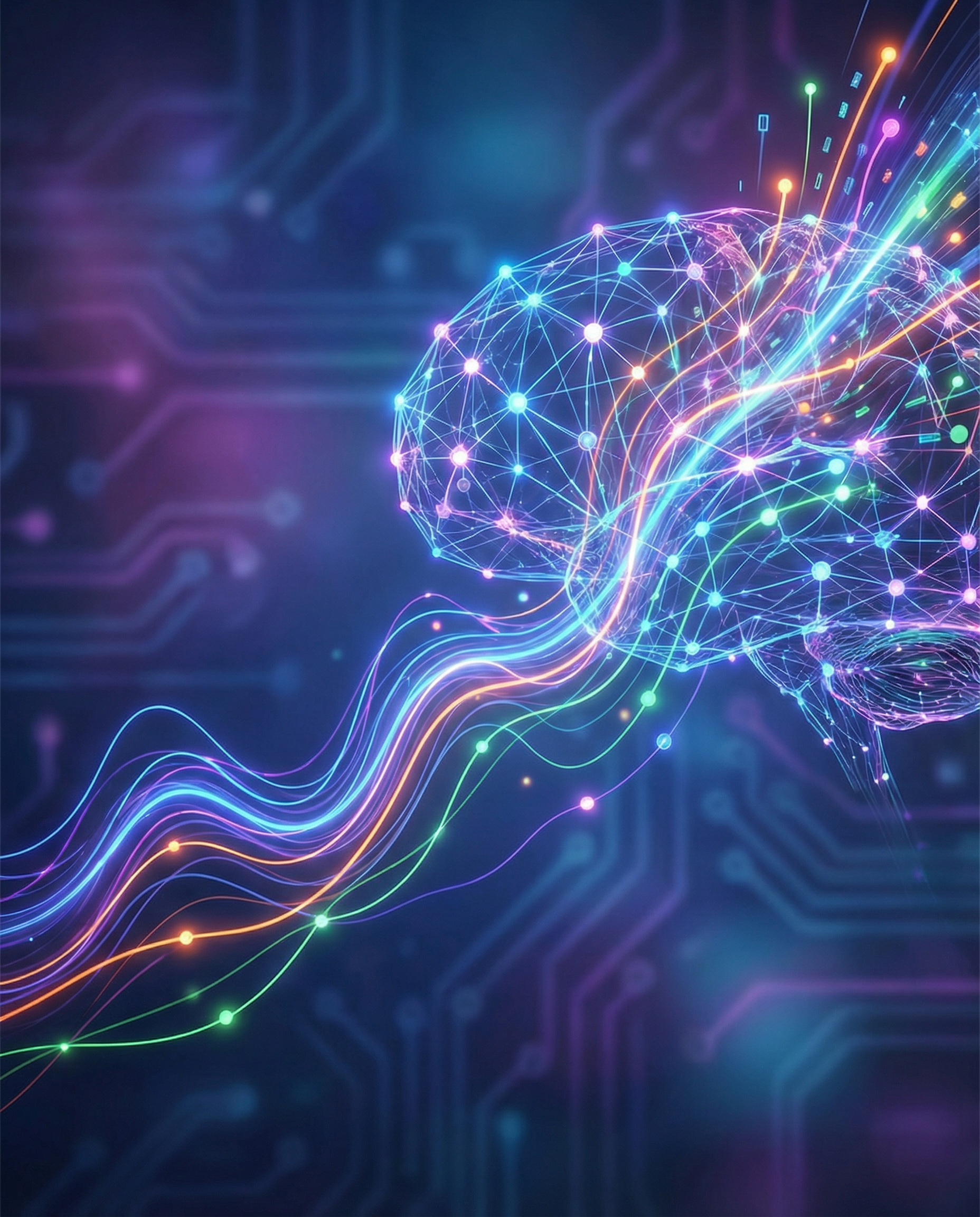 Infographic illustrating the rise of AGI with abstract graphs and neural network patterns, vibrant colors, and dynamic lines showing connections.