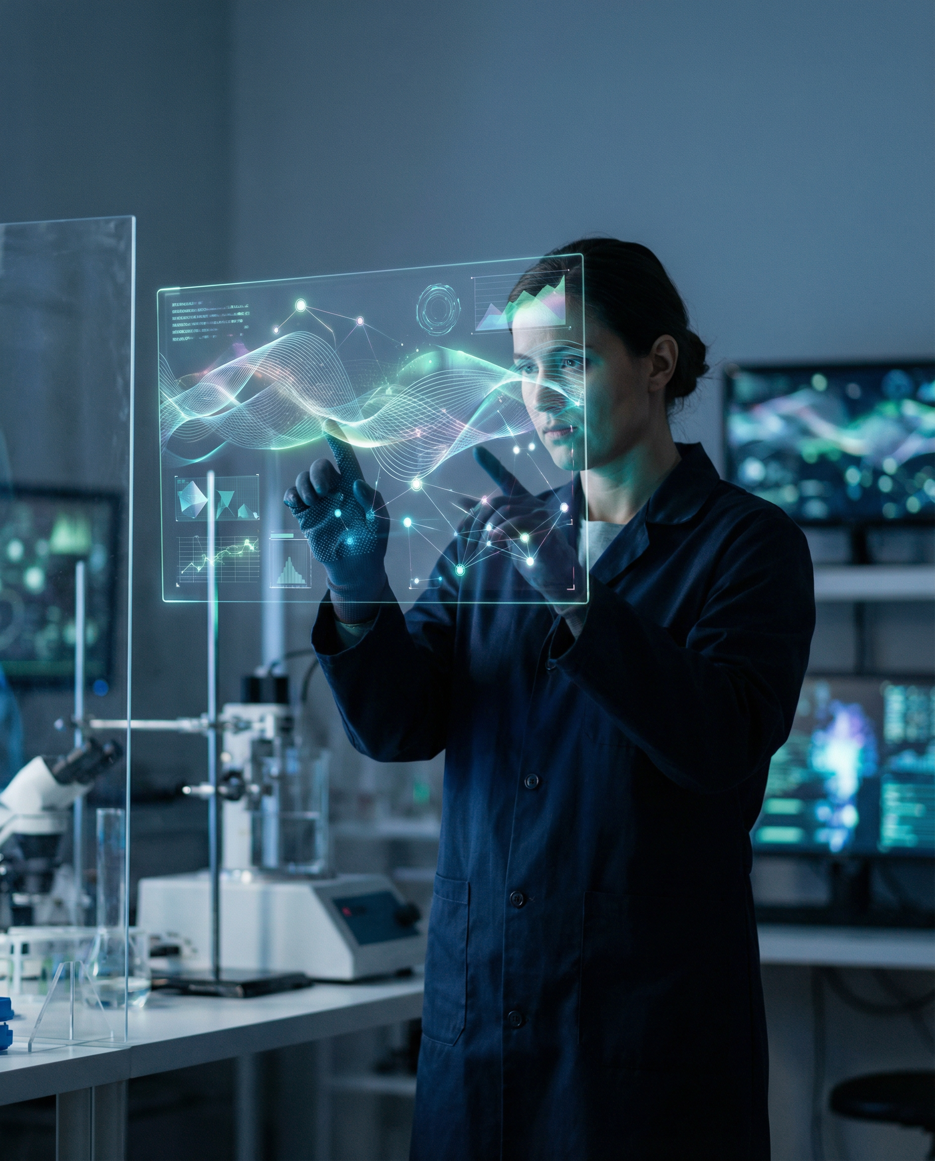 Scene of a researcher in a lab, interacting with a holographic display showing AGI data and algorithms, showcasing cutting-edge technology.