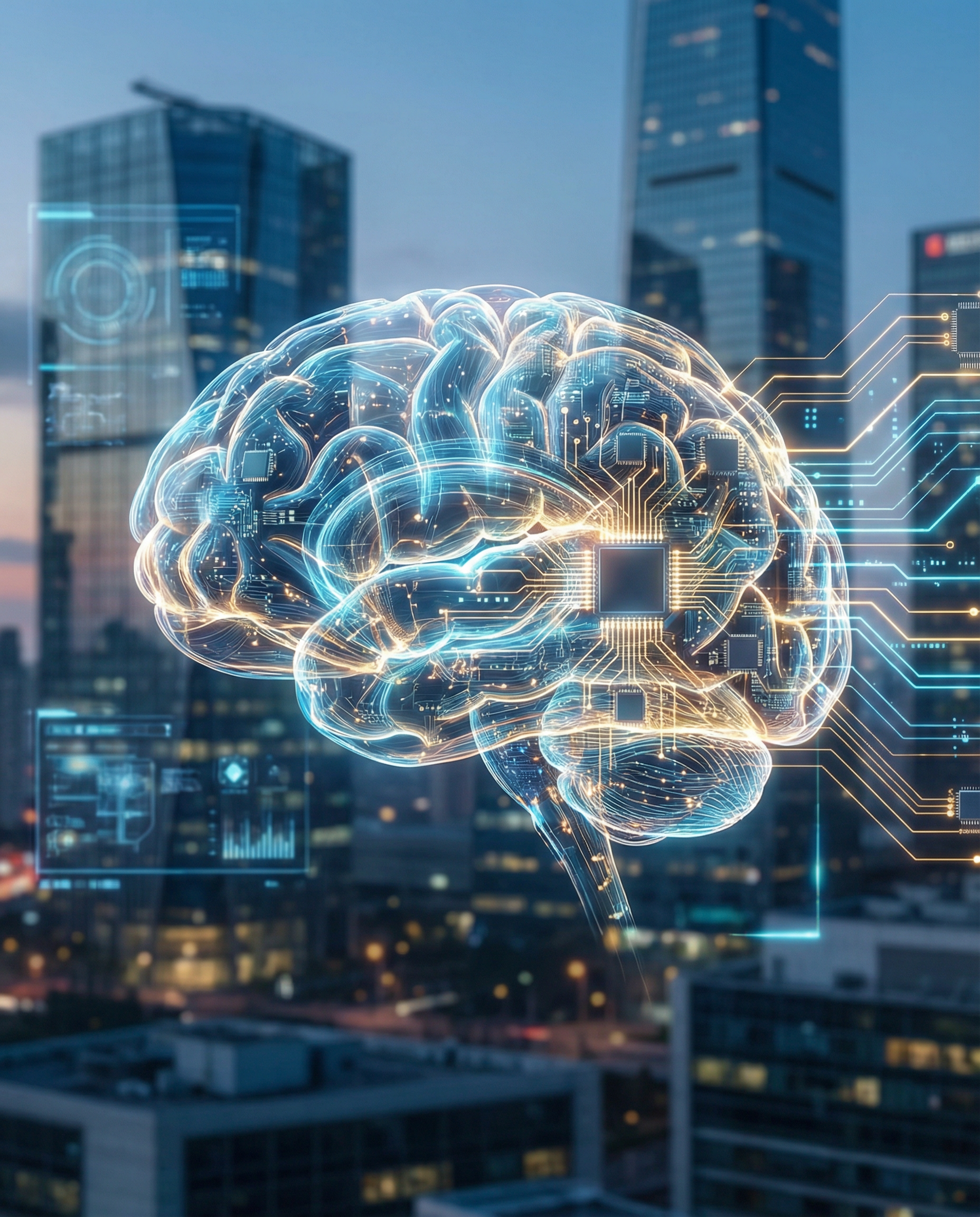 Conceptual image of a human brain merging with digital circuits, symbolizing the fusion of human intelligence and AGI capabilities, set against a futuristic backdrop.