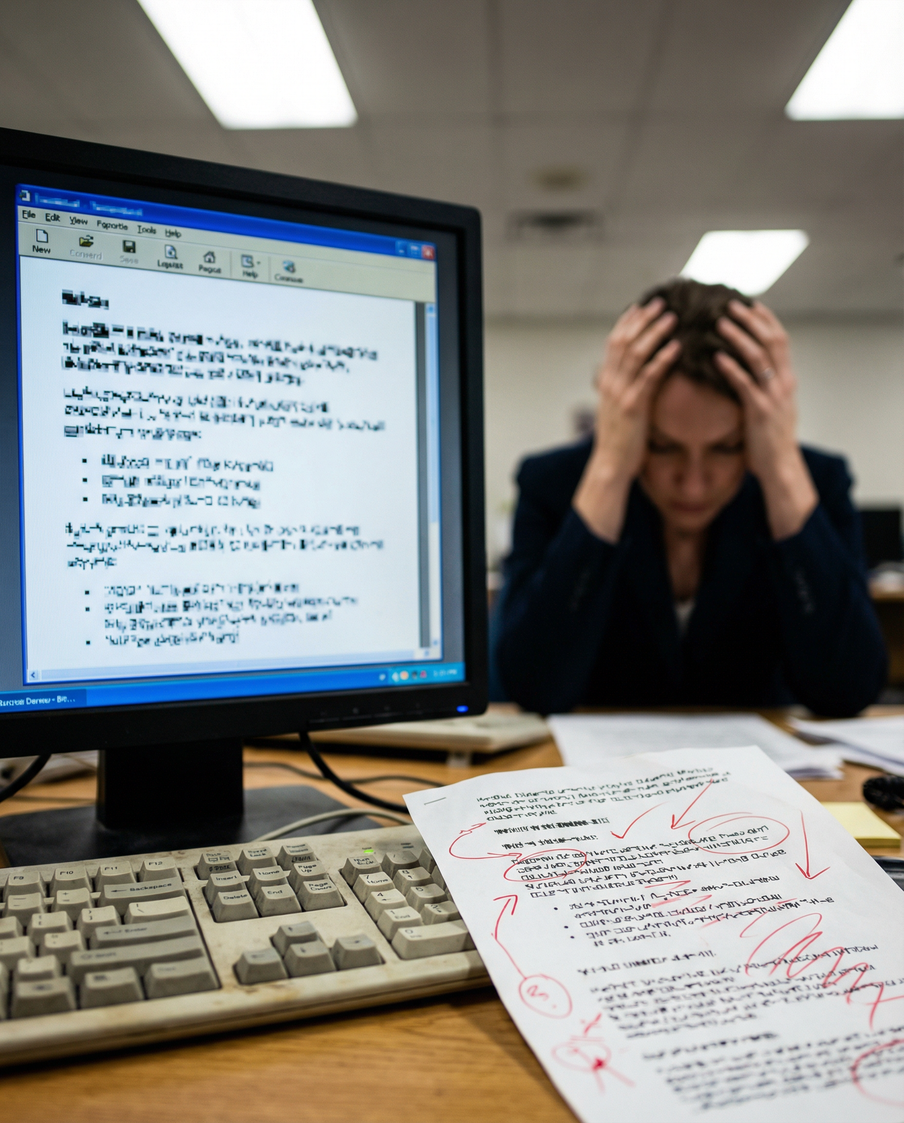 Photorealistic editorial photograph: close-up of computer screen displaying obviously AI-generated article filled with factual errors and nonsensical phrases, red pen markings and corrections visible