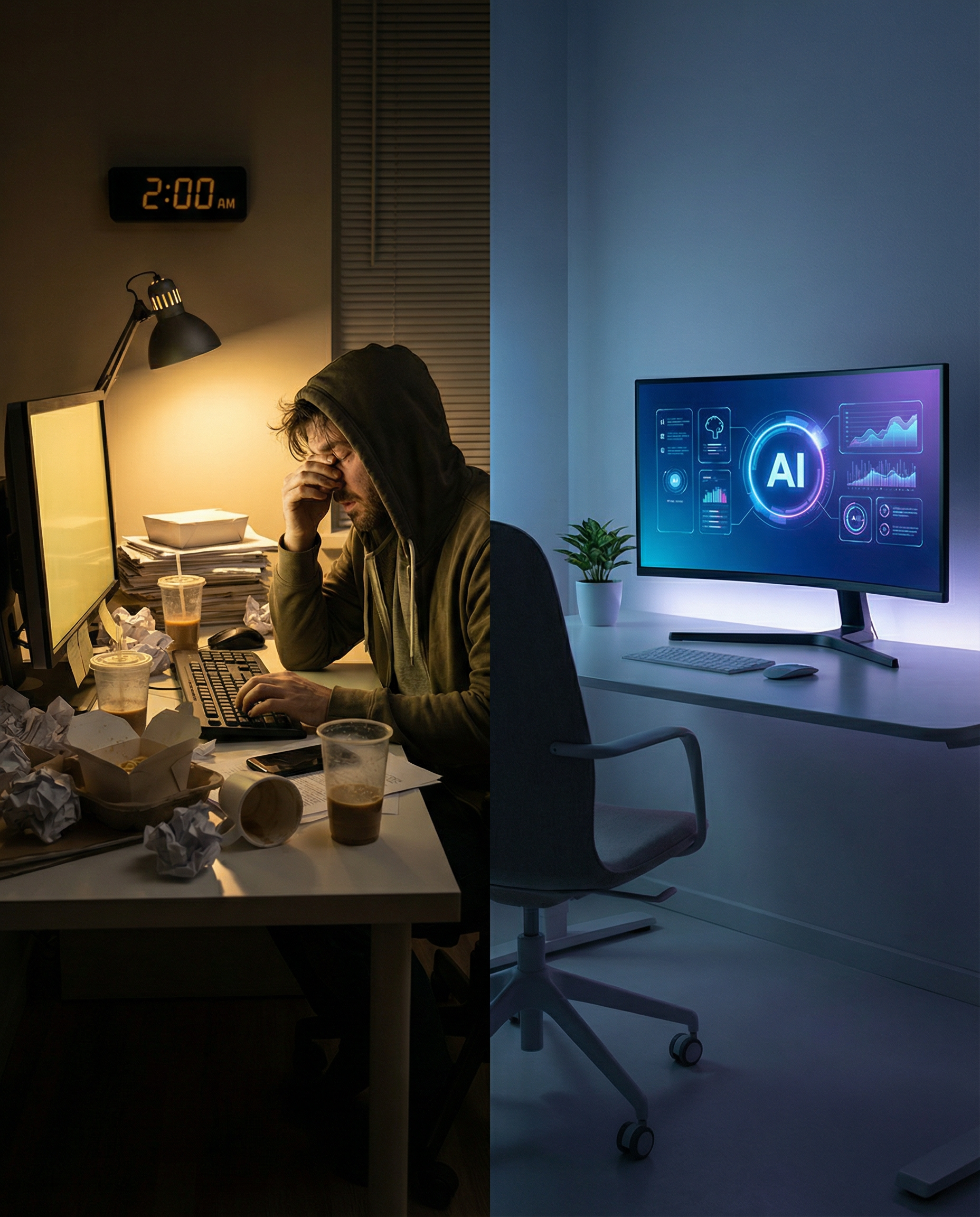 Photorealistic editorial photograph: split-screen workspace showing stark contrast, left side cluttered desk with exhausted marketer manually typing at 2am surrounded by crumpled papers and cold coffe