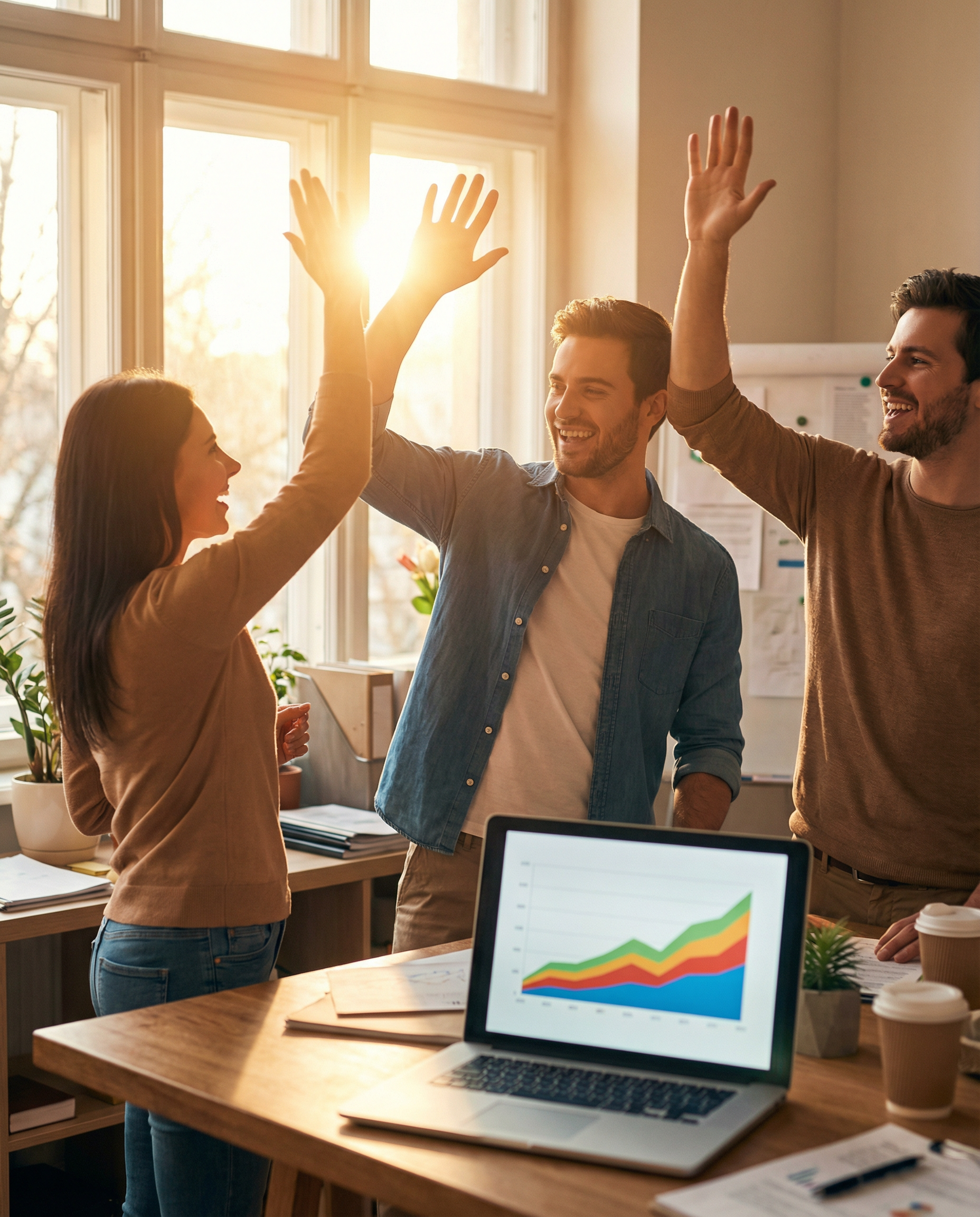 Photorealistic editorial photograph: medium shot of small marketing team of three people celebrating in modest office space, laptop open showing analytics graph trending upward, golden hour sunlight s