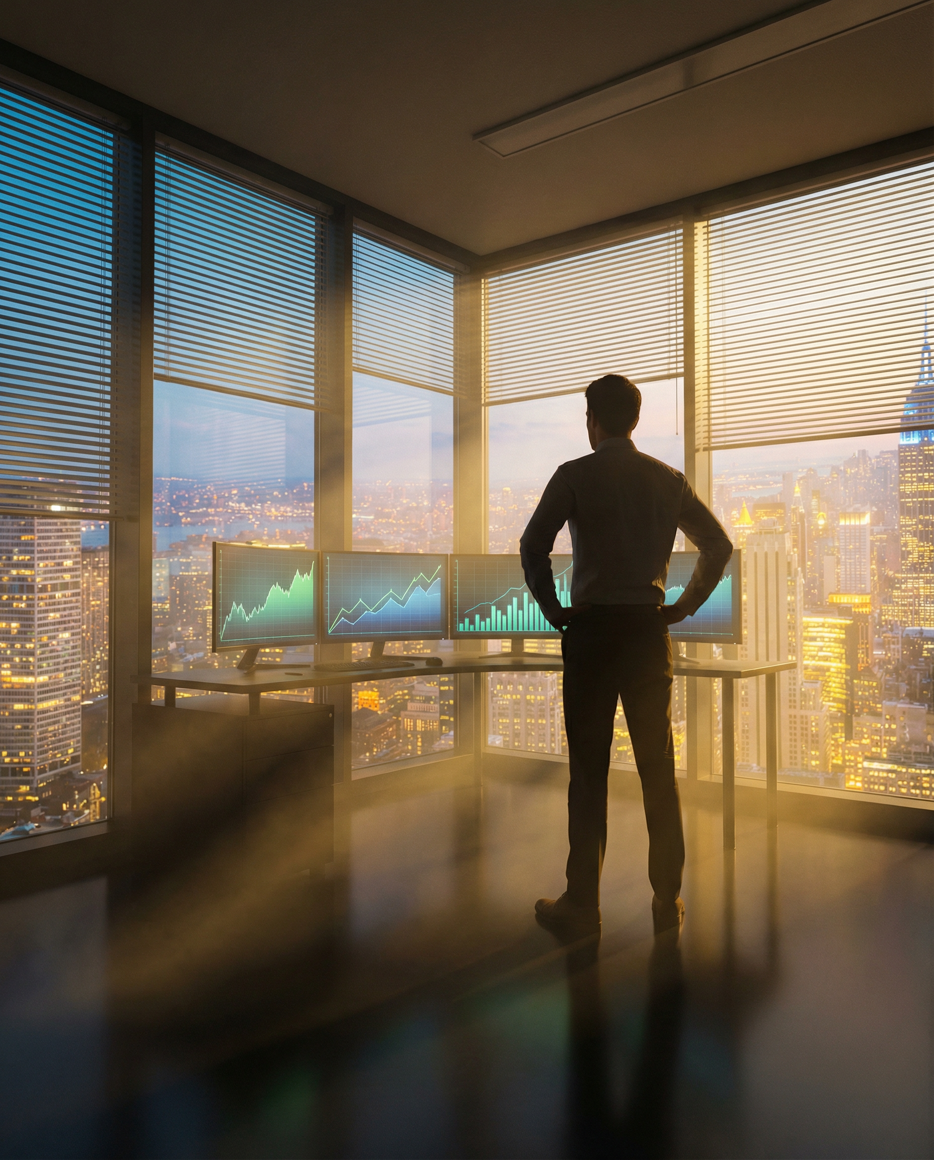 Photorealistic editorial photograph: dramatic low angle shot of lone entrepreneur standing confidently in modern office at dusk, floor-to-ceiling windows behind showing city lights, multiple monitors