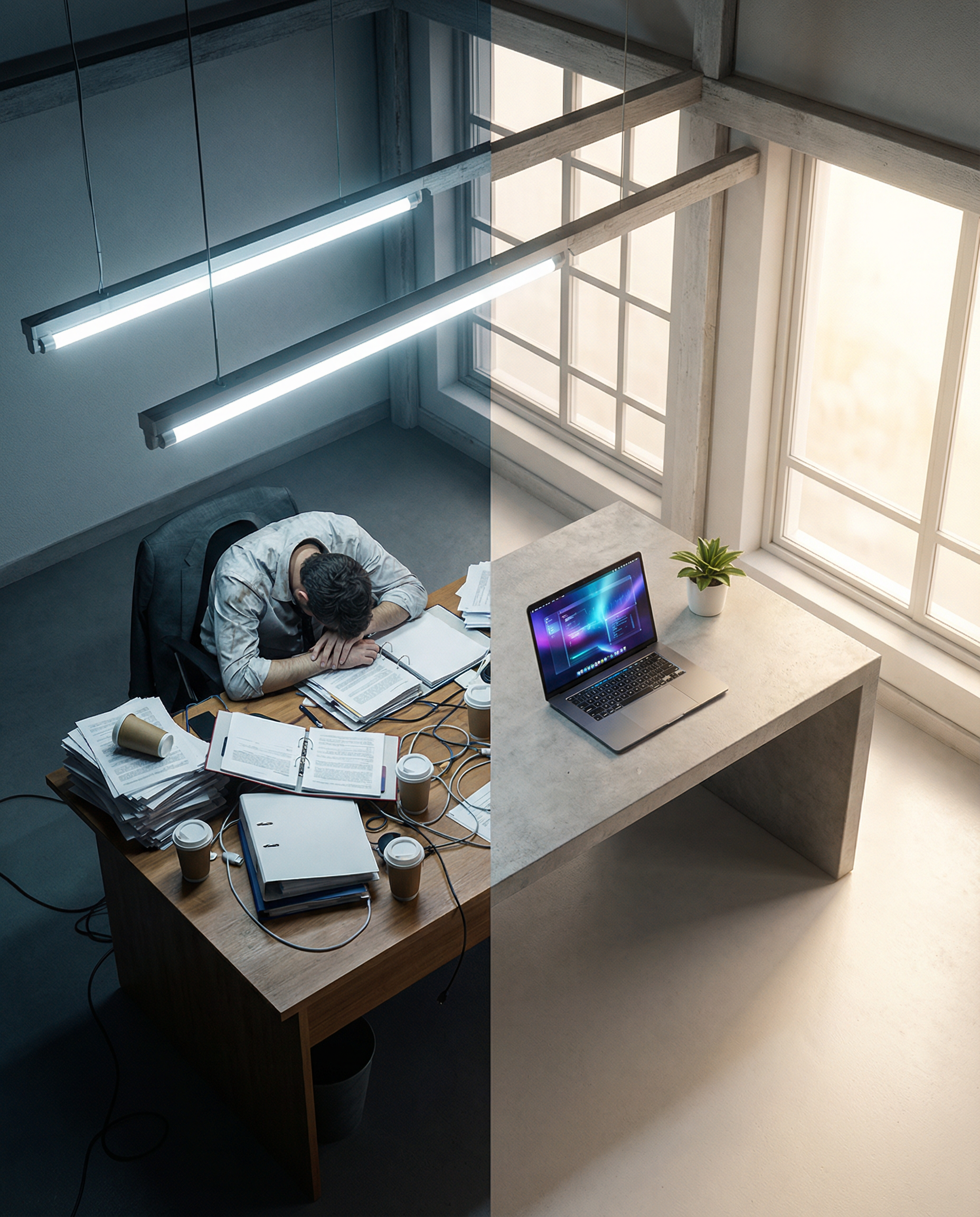 Photorealistic editorial photograph: wide establishing shot of split-screen workspace comparison, left side shows cluttered desk with single person surrounded by papers and coffee cups under harsh flu