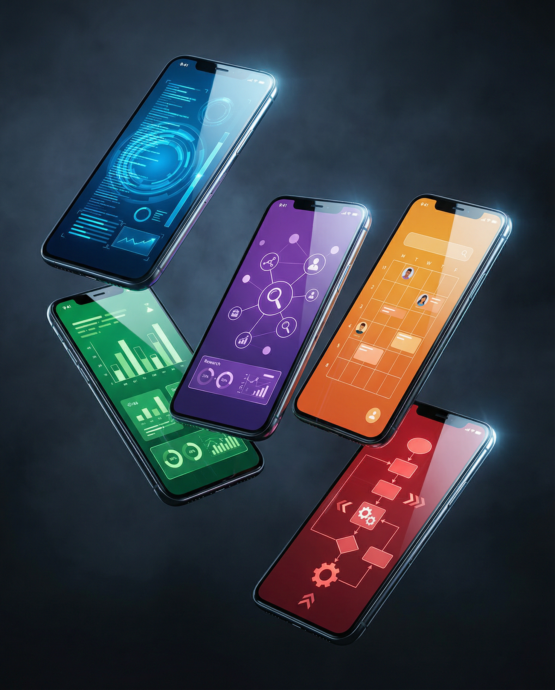 Photorealistic editorial photograph: close-up product shot of five distinct smartphone screens arranged in dynamic diagonal composition, each displaying different AI tool category interface with uniqu
