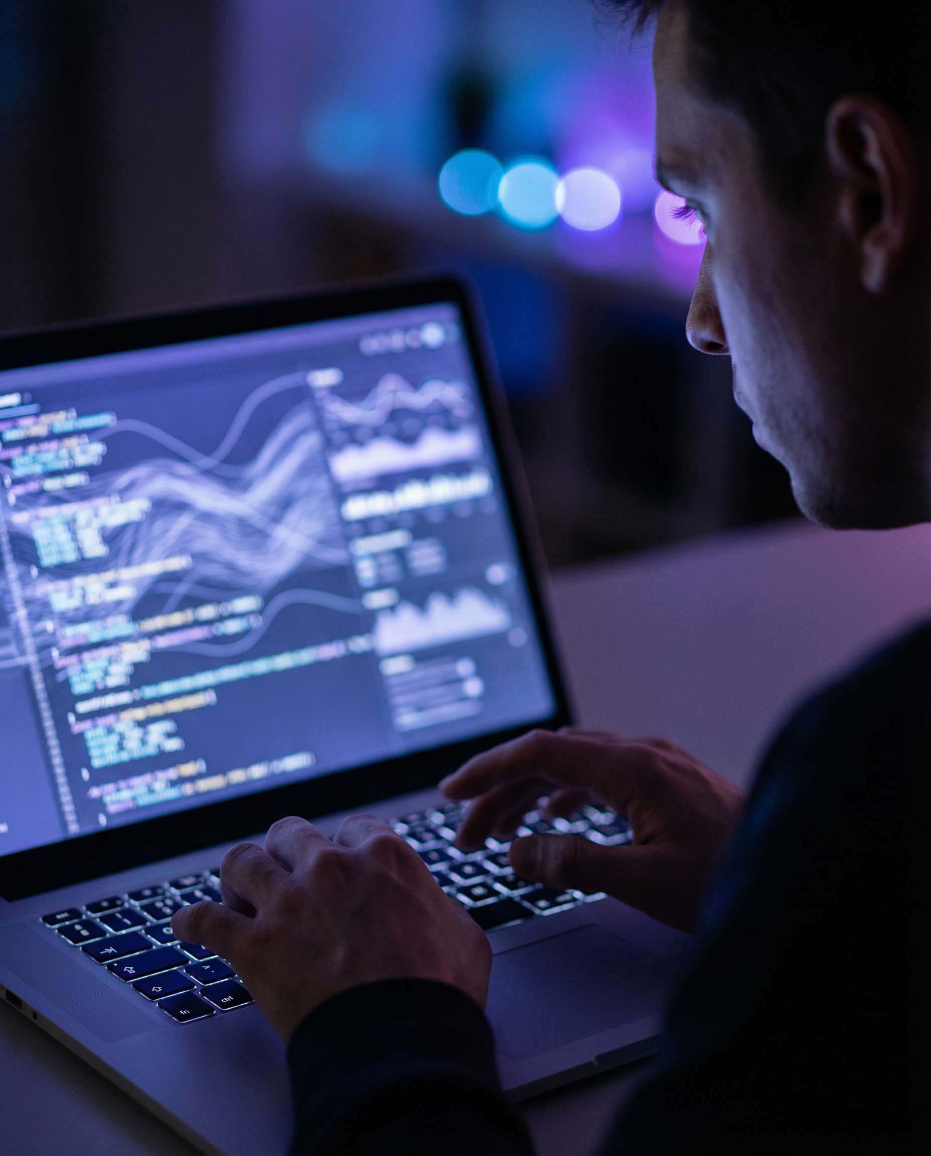 Photorealistic editorial photograph: tight over-the-shoulder shot of laptop screen displaying AI text generation interface with French content streaming in real-time, hands hovering over keyboard in m