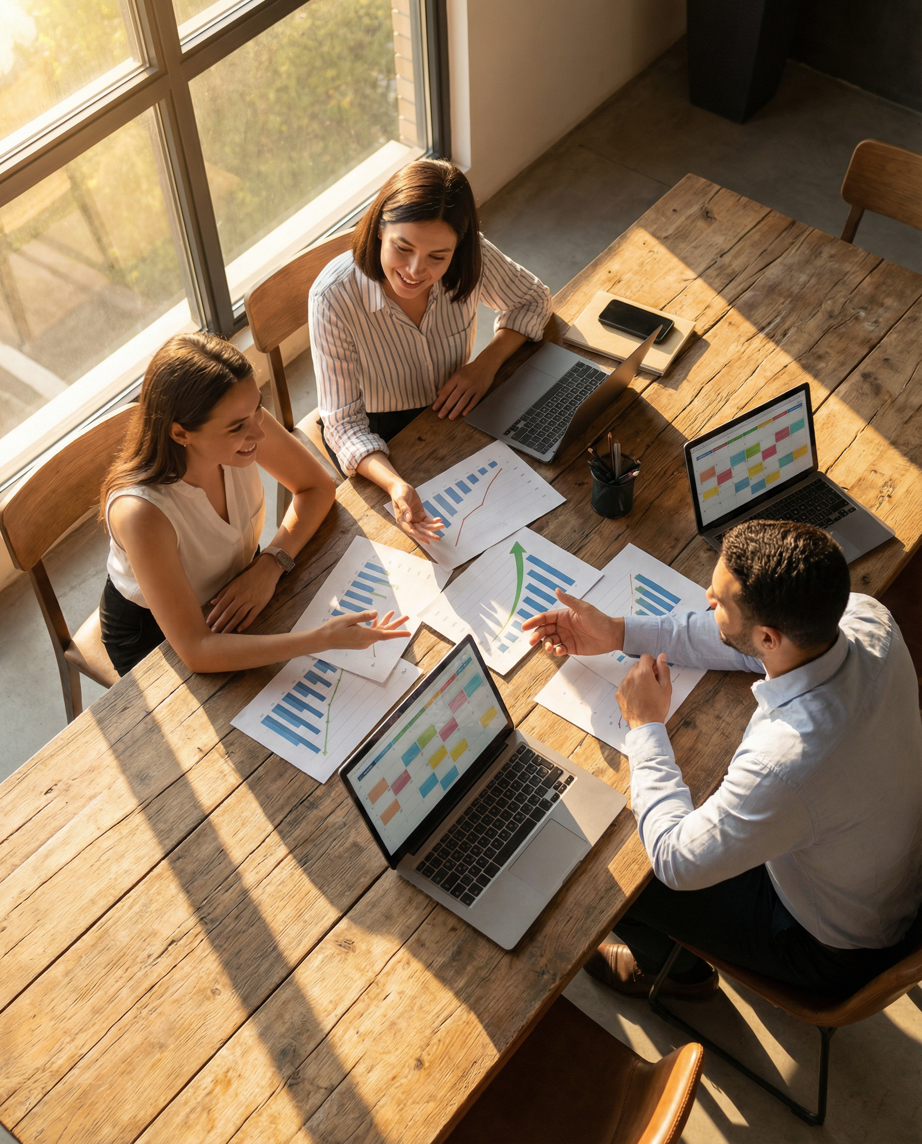 Photorealistic editorial photograph: overhead aerial view of small marketing team of three people seated around wooden conference table covered with printed analytics showing exponential growth curves