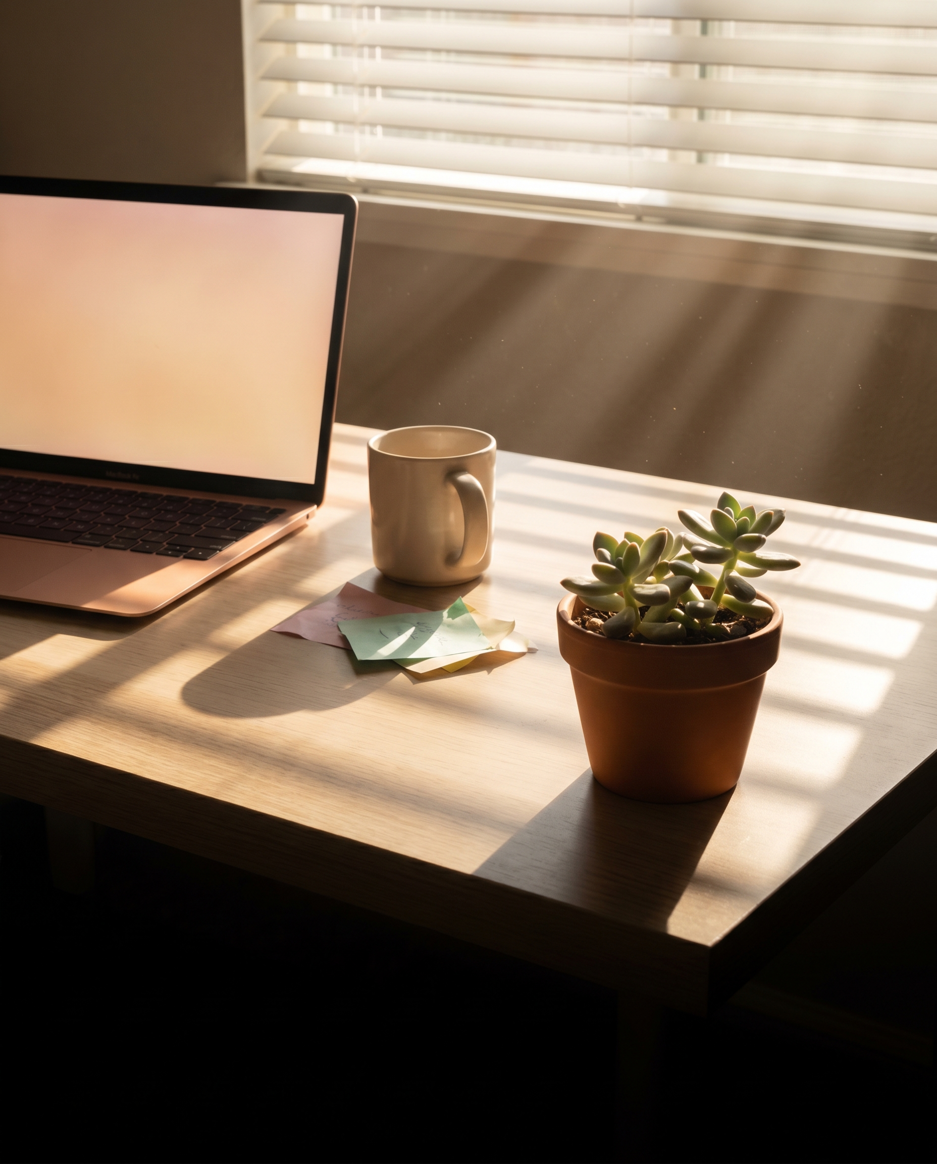 Photorealistic editorial photograph: aftermath wide shot of a sleek minimalist desk at golden hour, laptop open with soft warm screen glow, a single empty coffee cup and scattered sticky notes pushed