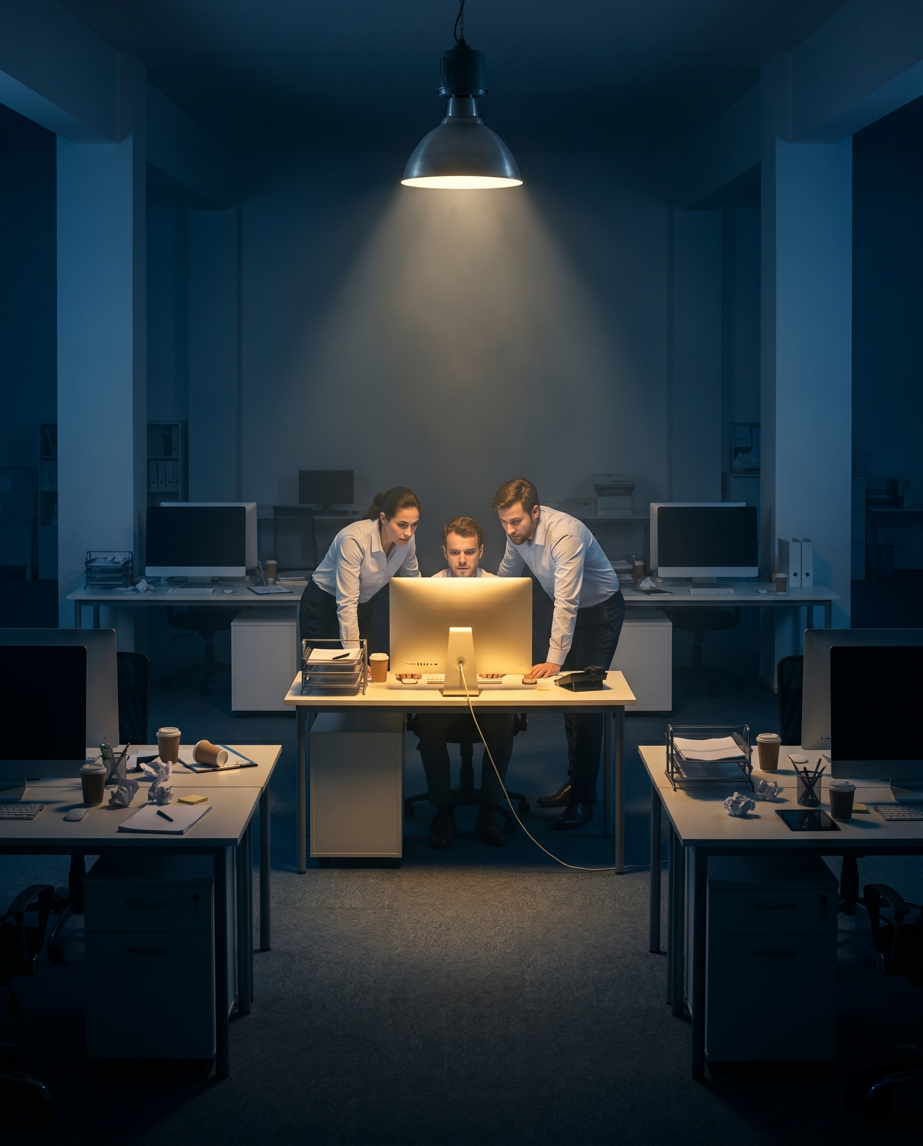 Photorealistic editorial photograph: wide establishing shot of a dimly lit open-plan office at night, three people huddled around a single bright monitor at the center, five empty desks surrounding th